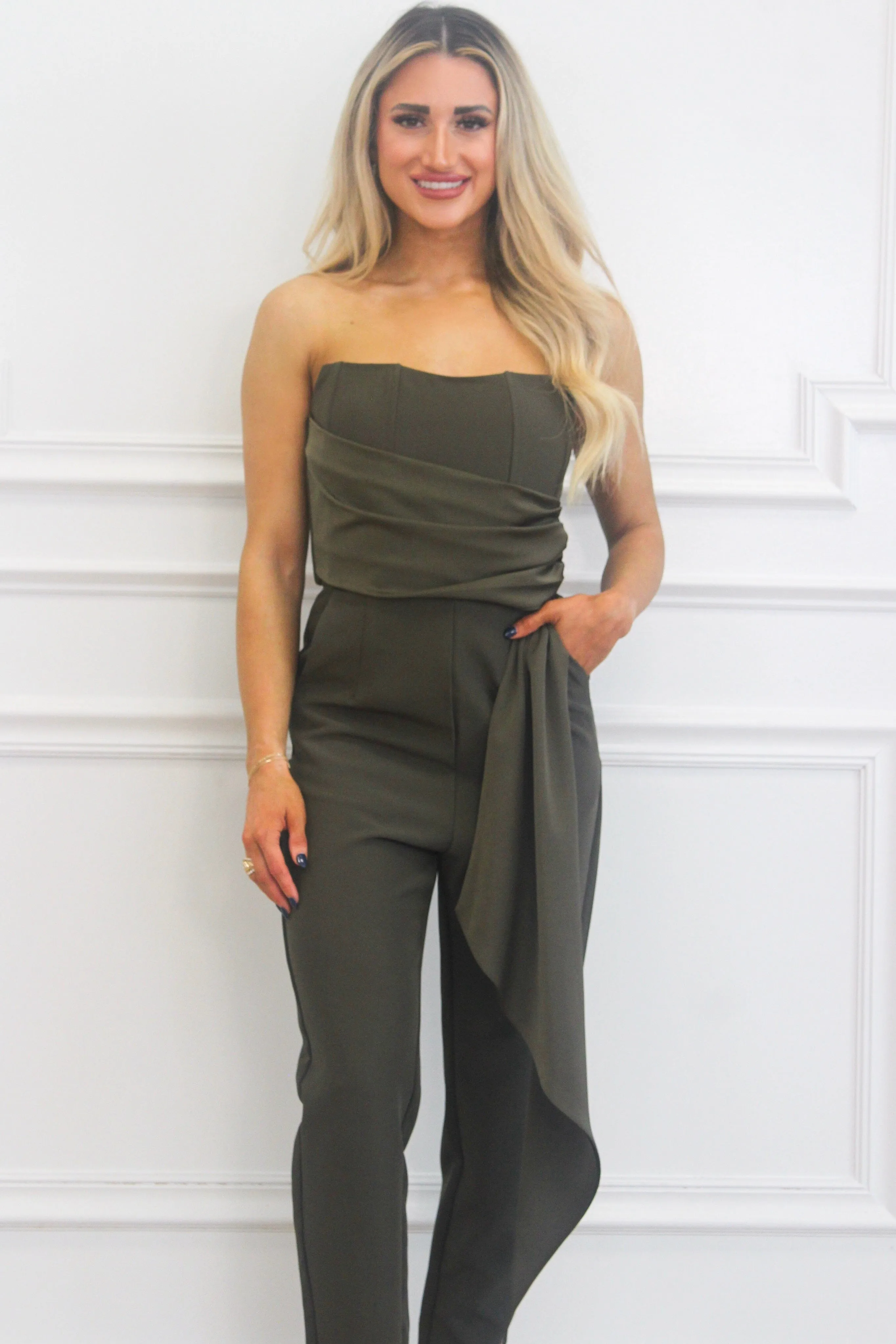Marina Strapless Jumpsuit: Dark Olive