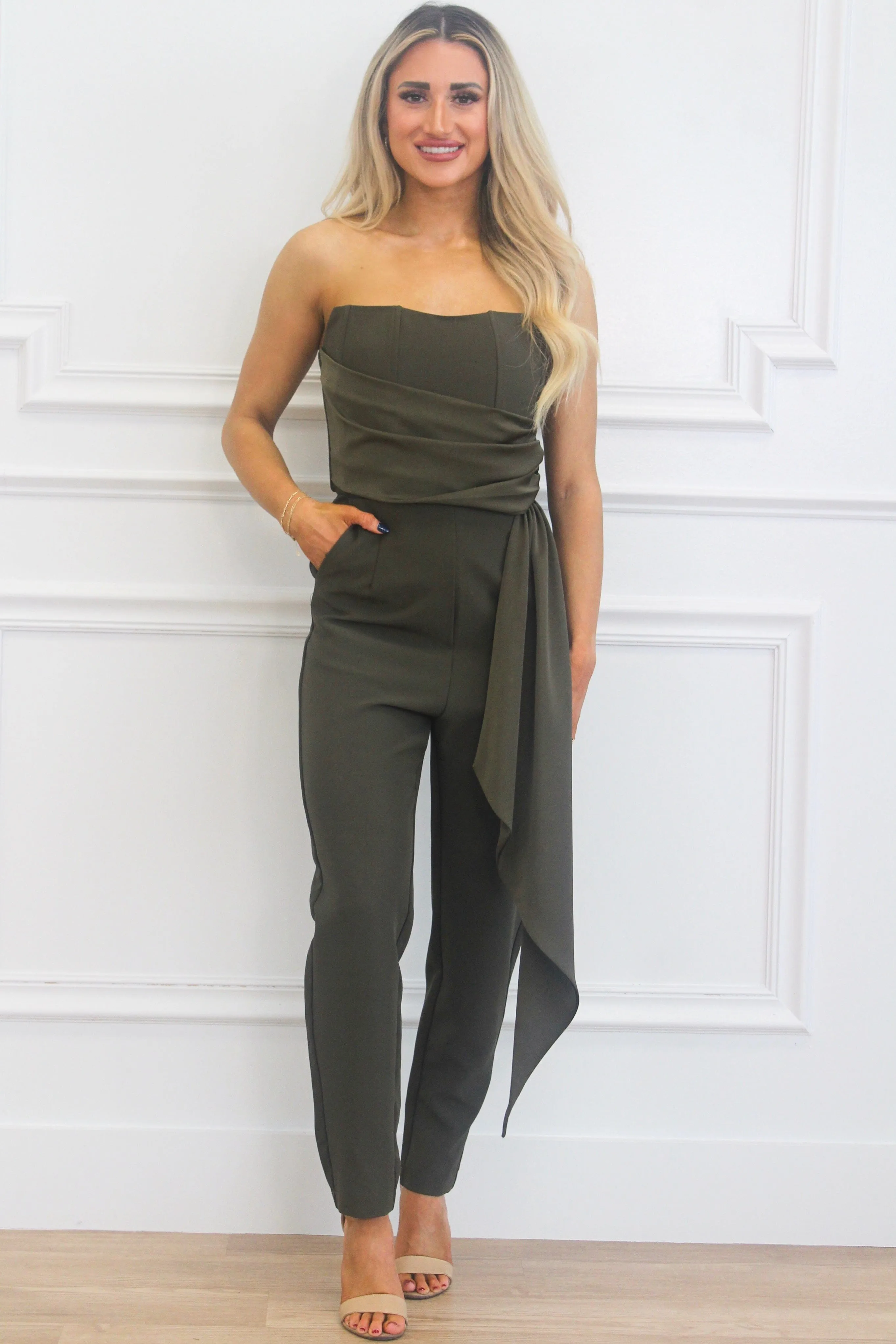 Marina Strapless Jumpsuit: Dark Olive