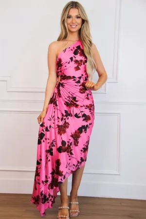 Novelle One Shoulder Pleated Floral Asymmetrical Maxi Dress: Rose Pink