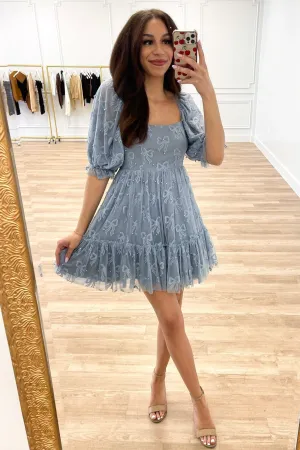 Porsha Square Neck Bow Pearl Babydoll Dress: Dusty Blue