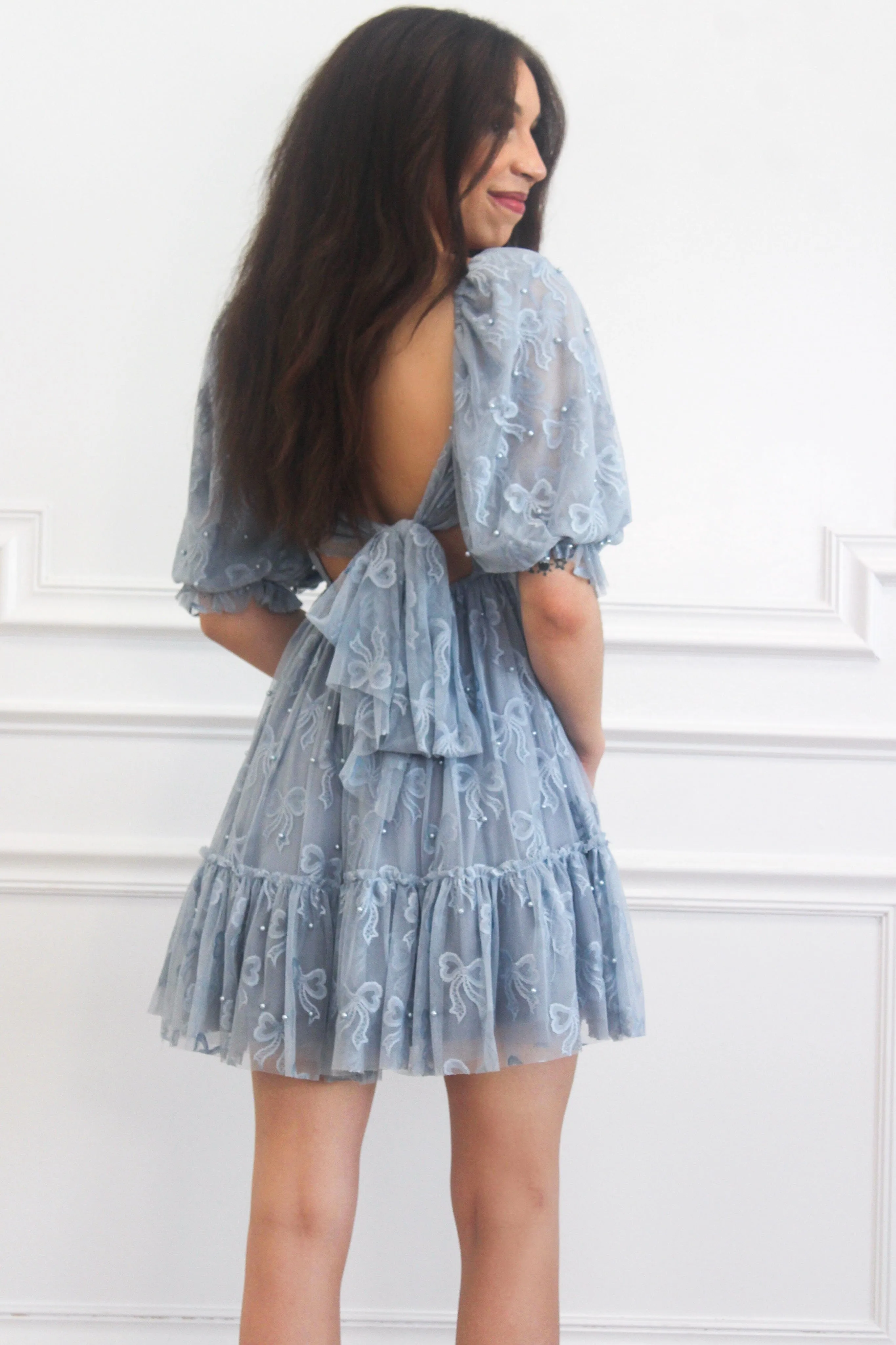 Porsha Square Neck Bow Pearl Babydoll Dress: Dusty Blue
