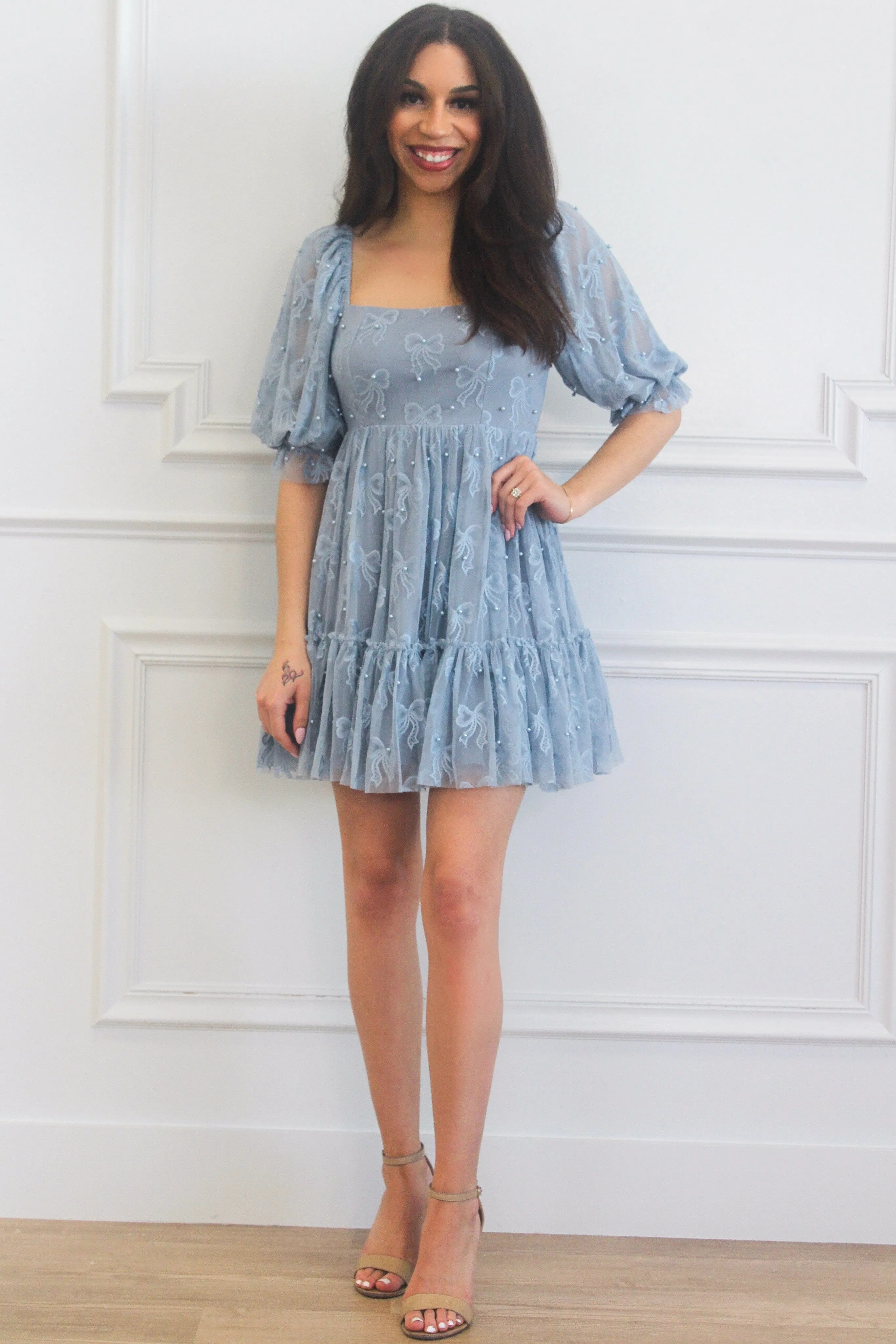 Porsha Square Neck Bow Pearl Babydoll Dress: Dusty Blue