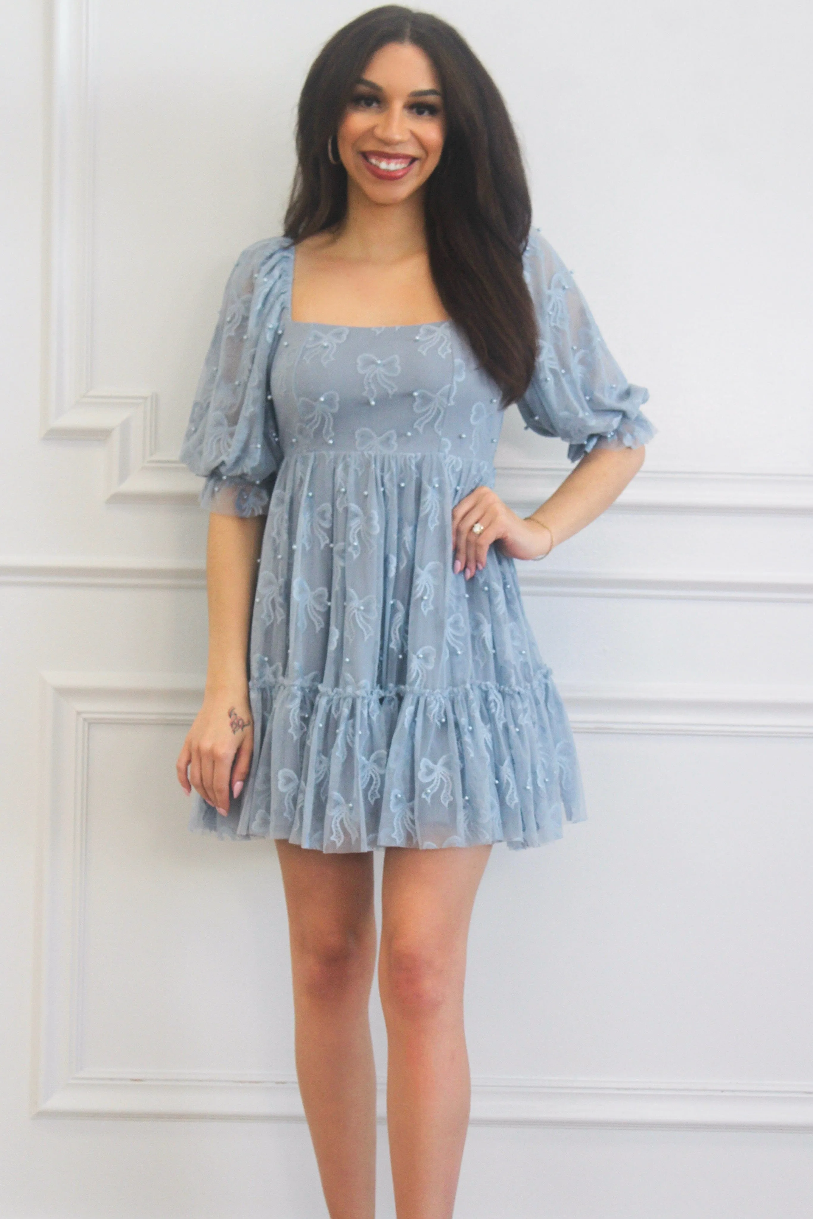 Porsha Square Neck Bow Pearl Babydoll Dress: Dusty Blue