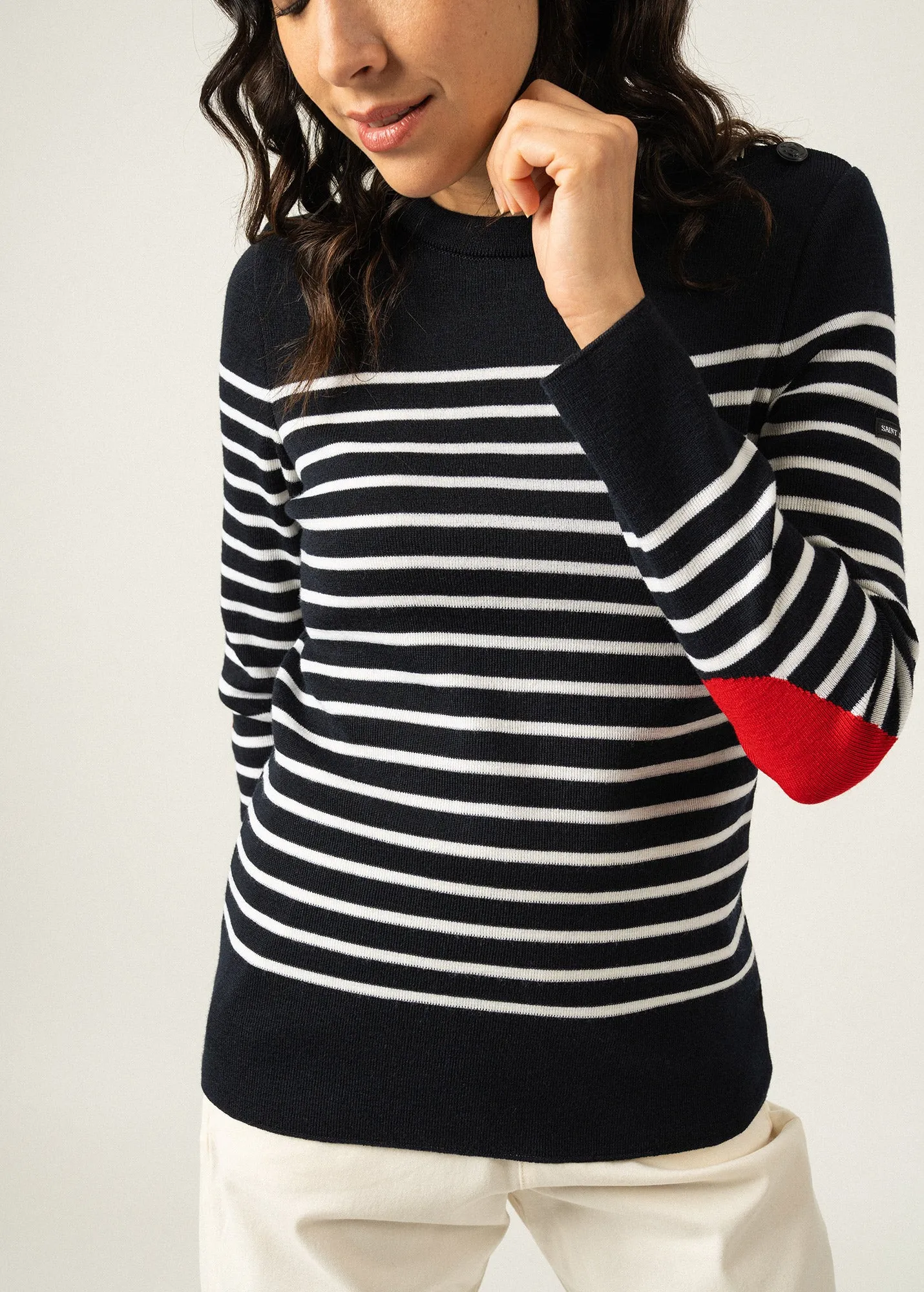 Pull marin ray Brganon -  coudires contrastes (NAVY/BLANC/TULIPE)