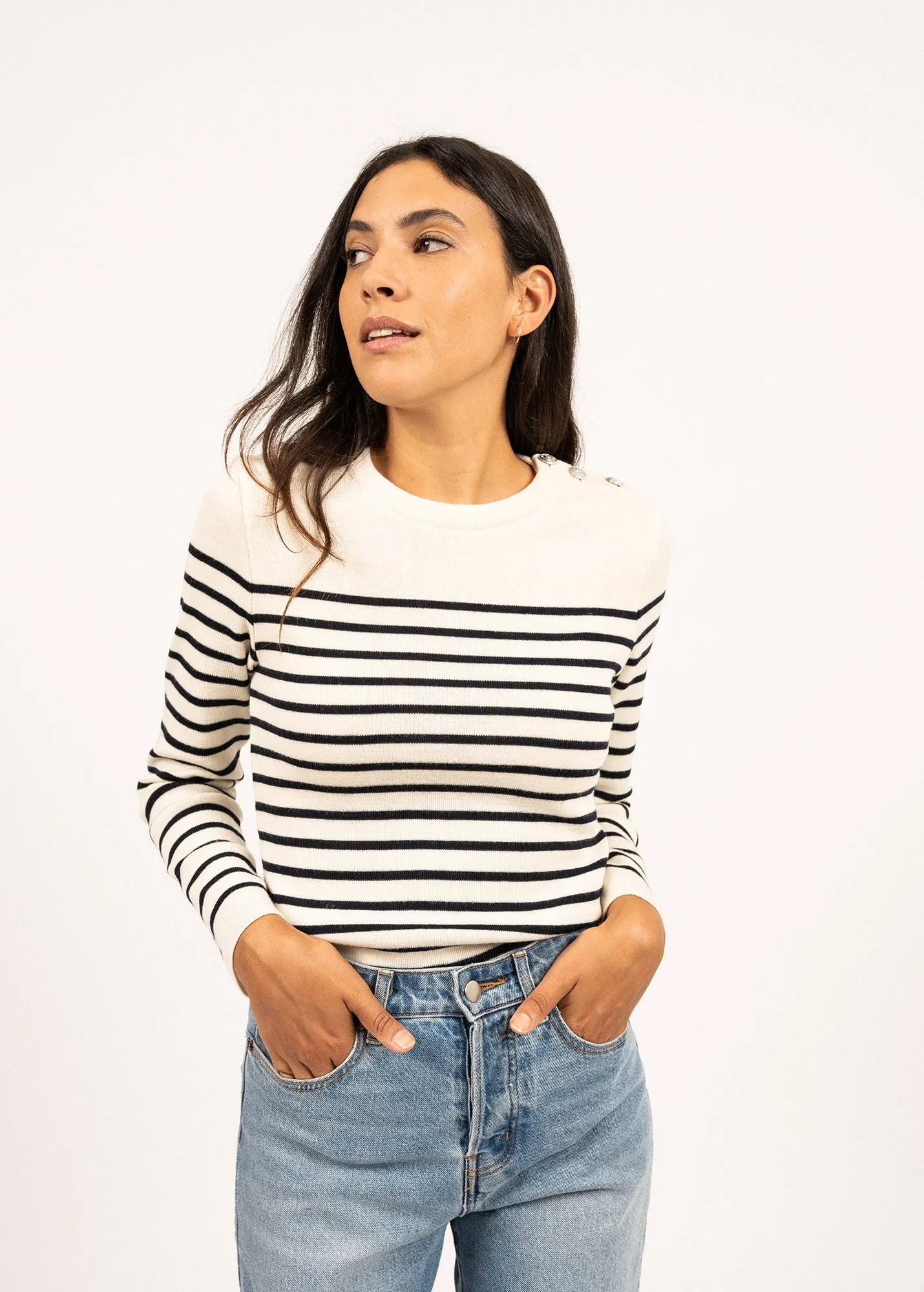 Pull marin ray Mare - en laine mrinos (ECUME/NAVY)