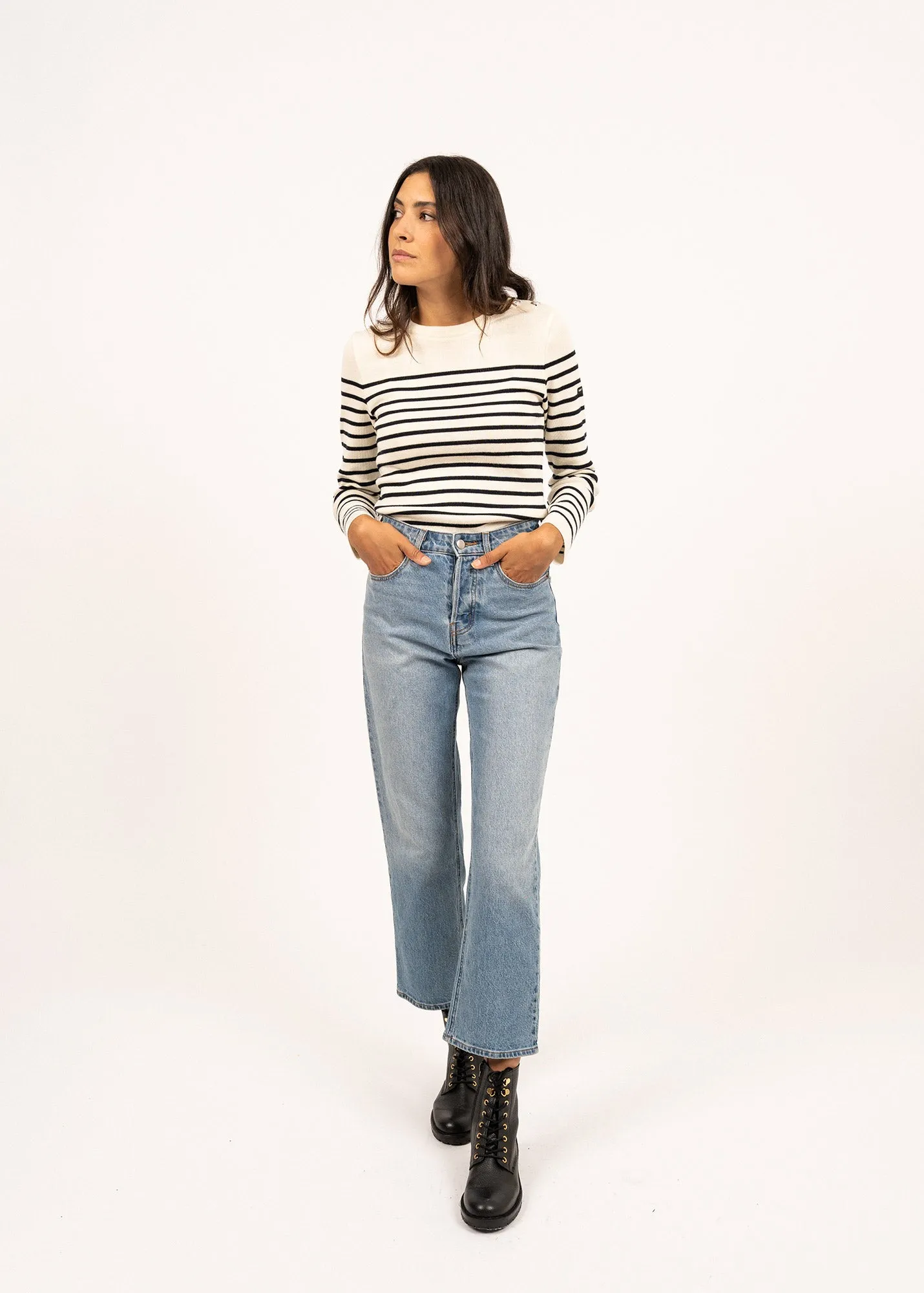 Pull marin ray Mare - en laine mrinos (ECUME/NAVY)