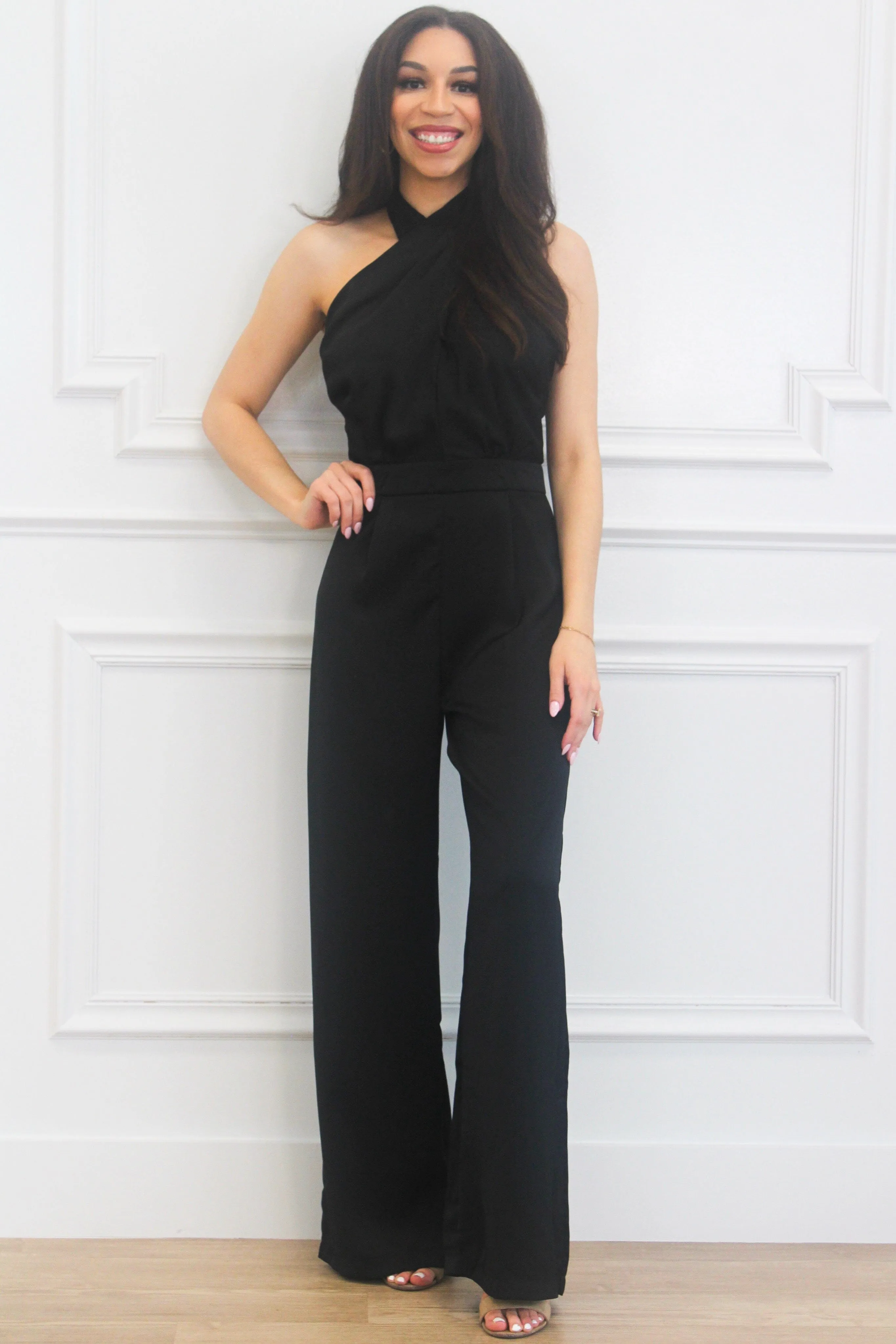 Ready For Fun High Neck Satin Jumpsuit: Black