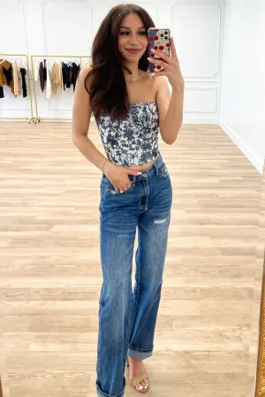 Scottie Strapless Lace Up Crop Top: Navy