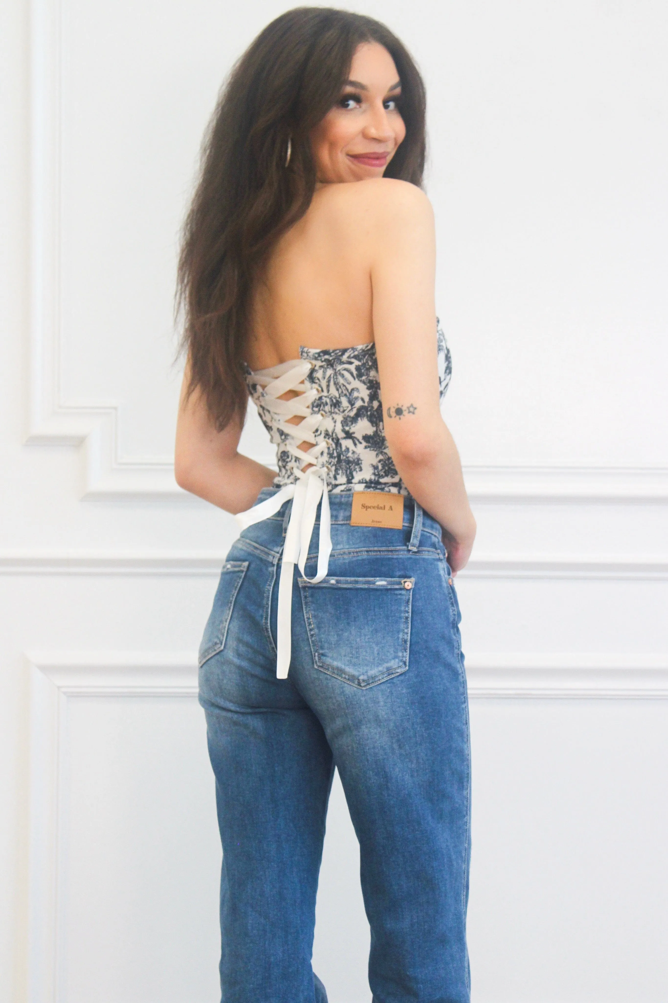 Scottie Strapless Lace Up Crop Top: Navy