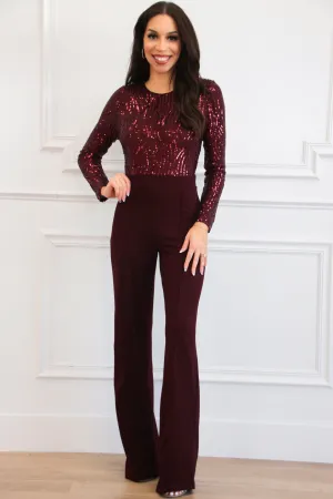 Secret Wish Long Sleeve Sequin Jumpsuit: Wine