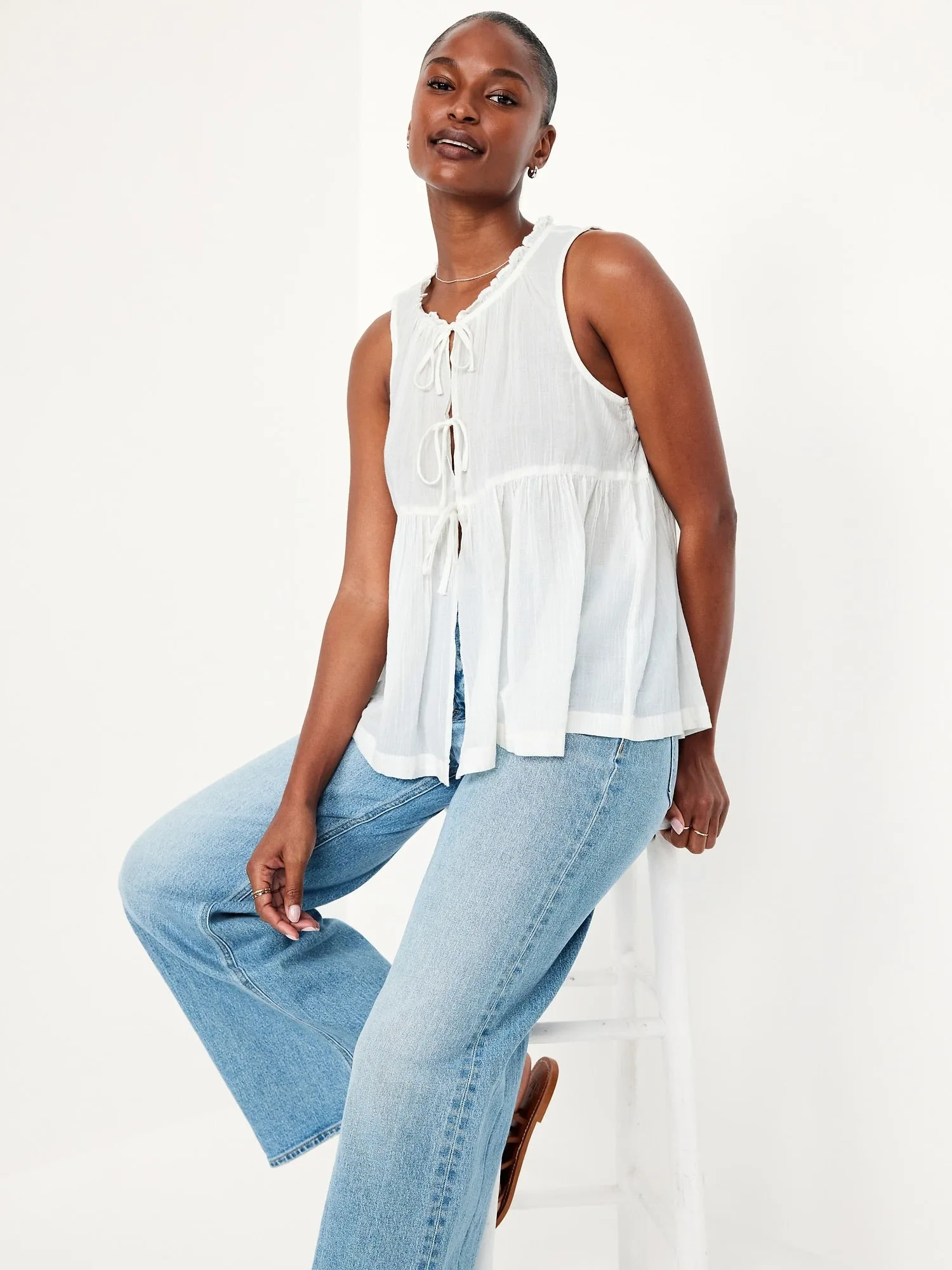 Sleeveless Crinkle Gauze Tie-Front Top
