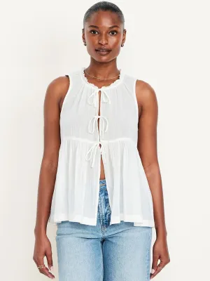 Sleeveless Crinkle Gauze Tie-Front Top