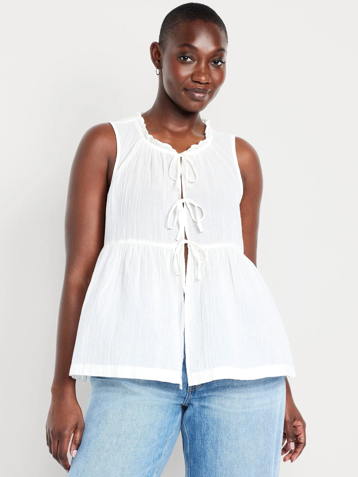 Sleeveless Crinkle Gauze Tie-Front Top