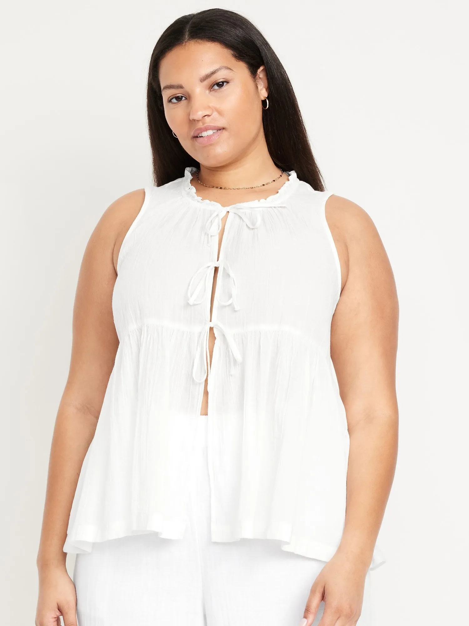 Sleeveless Crinkle Gauze Tie-Front Top