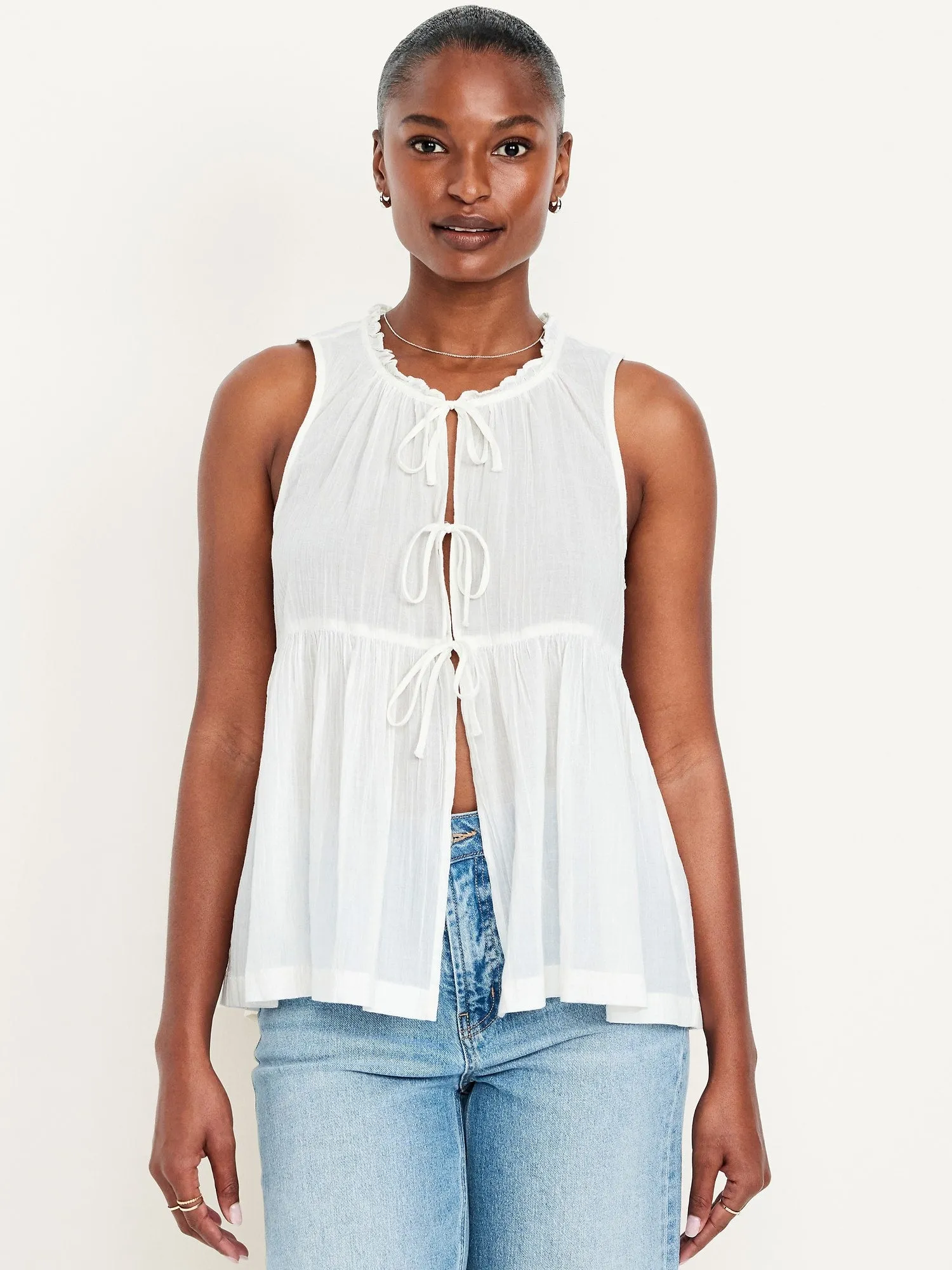 Sleeveless Crinkle Gauze Tie-Front Top