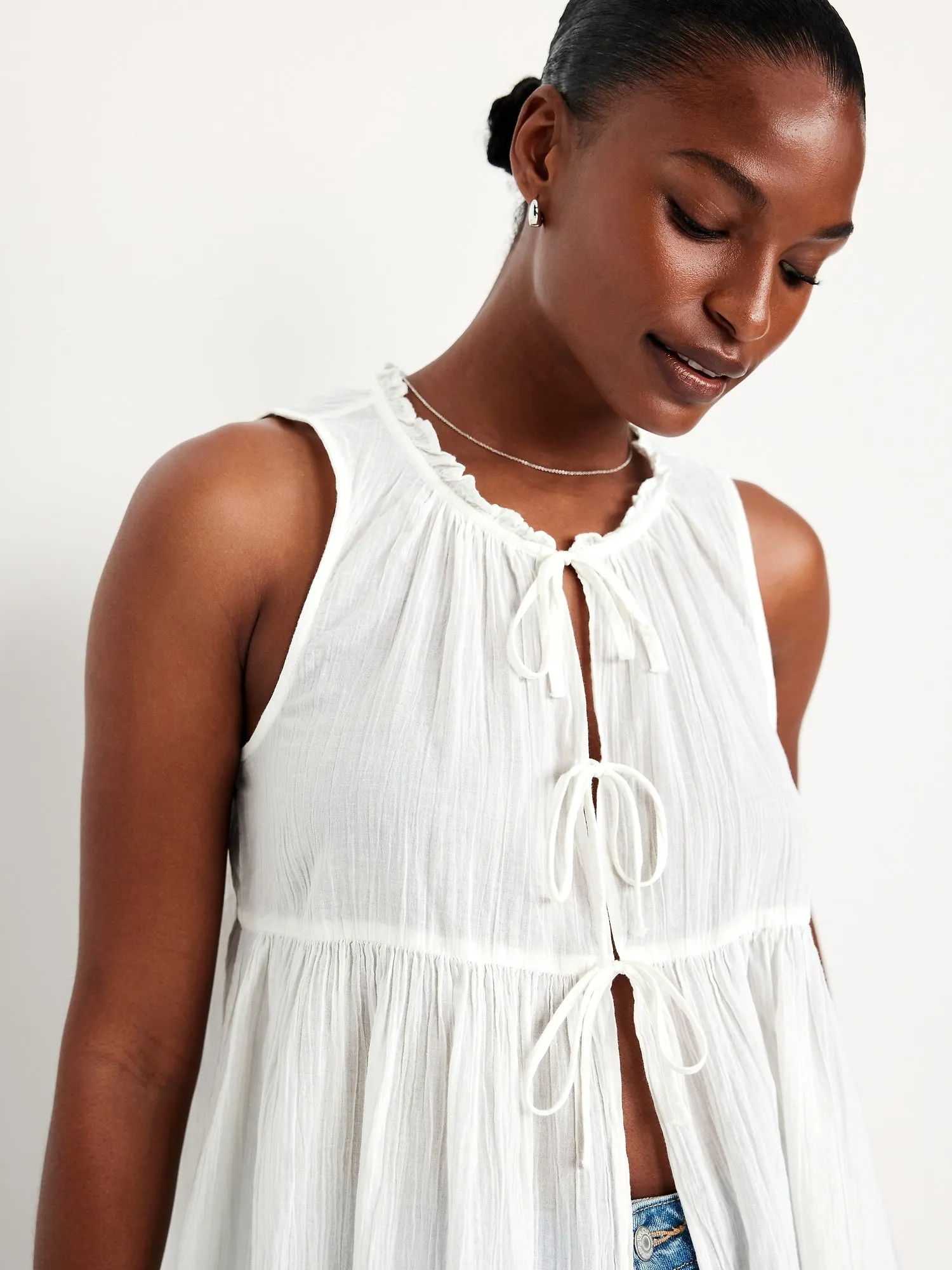 Sleeveless Crinkle Gauze Tie-Front Top