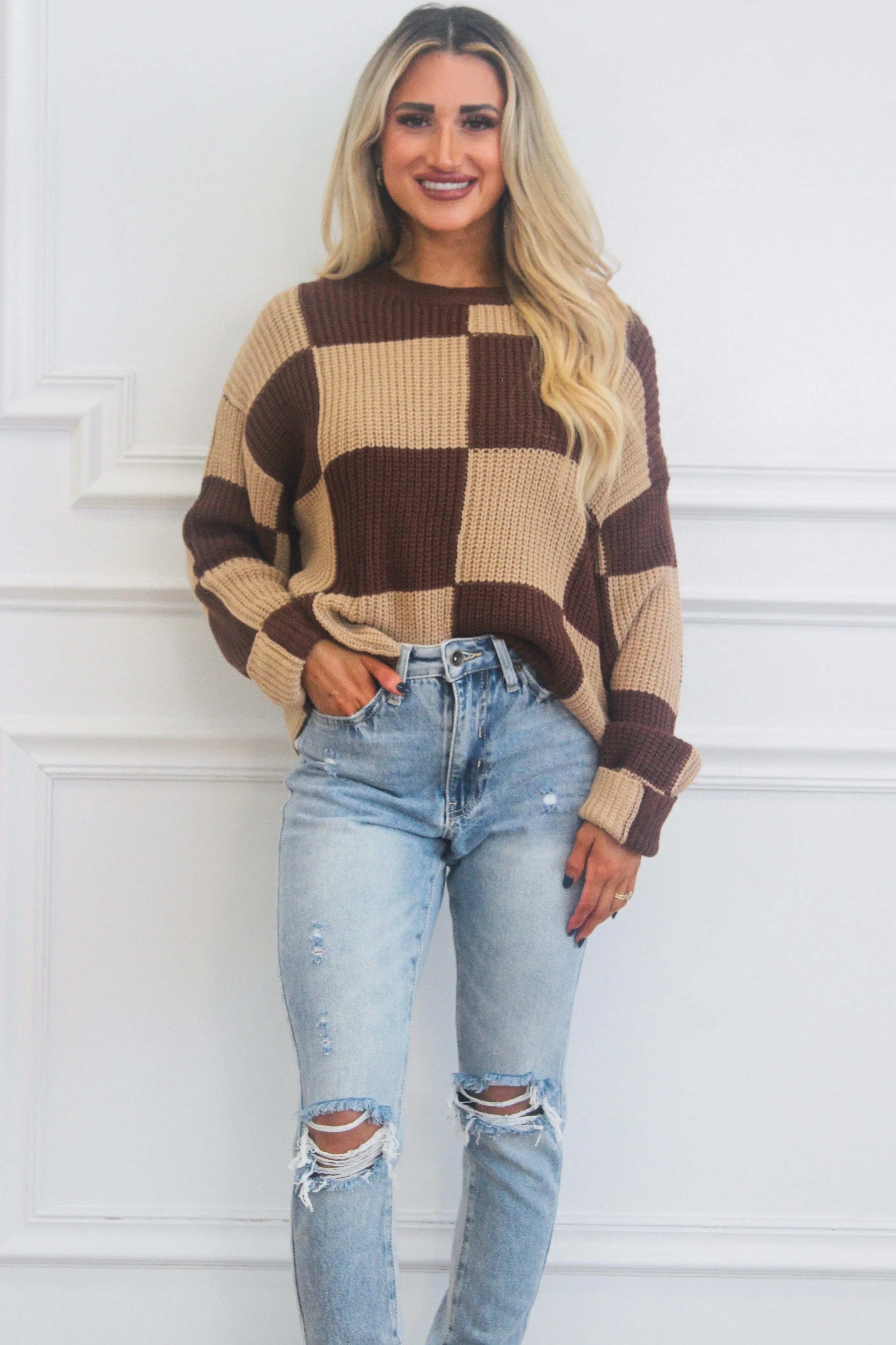 So Trendy Checkered Sweater: Brown
