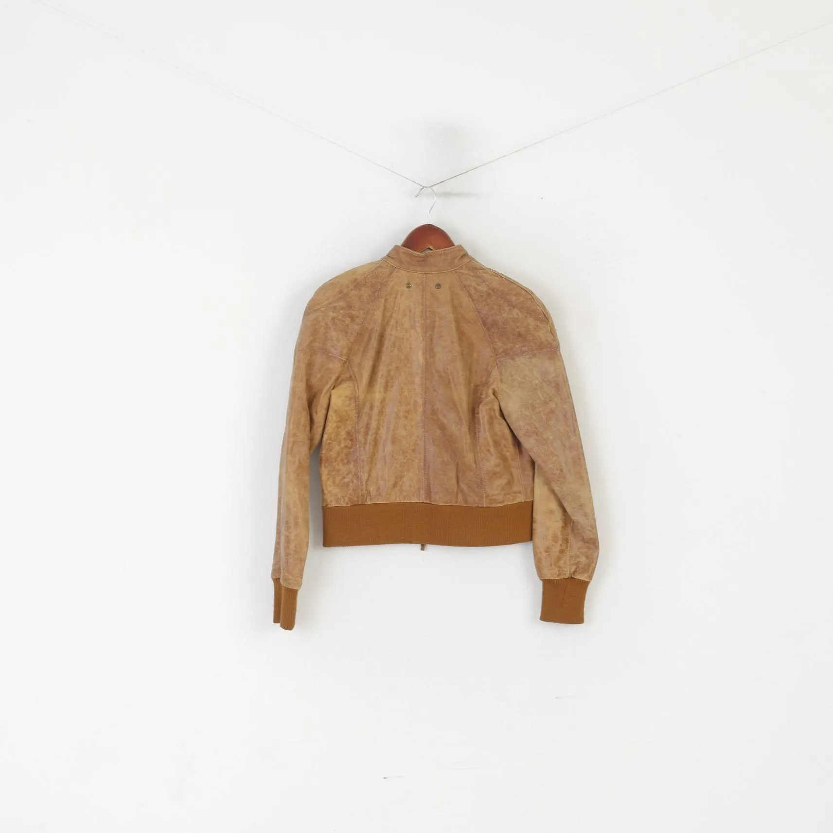 Soviet Women 10 S Jacket Camel Leather Biker Stand-Up Collar Zip Up Retro Top