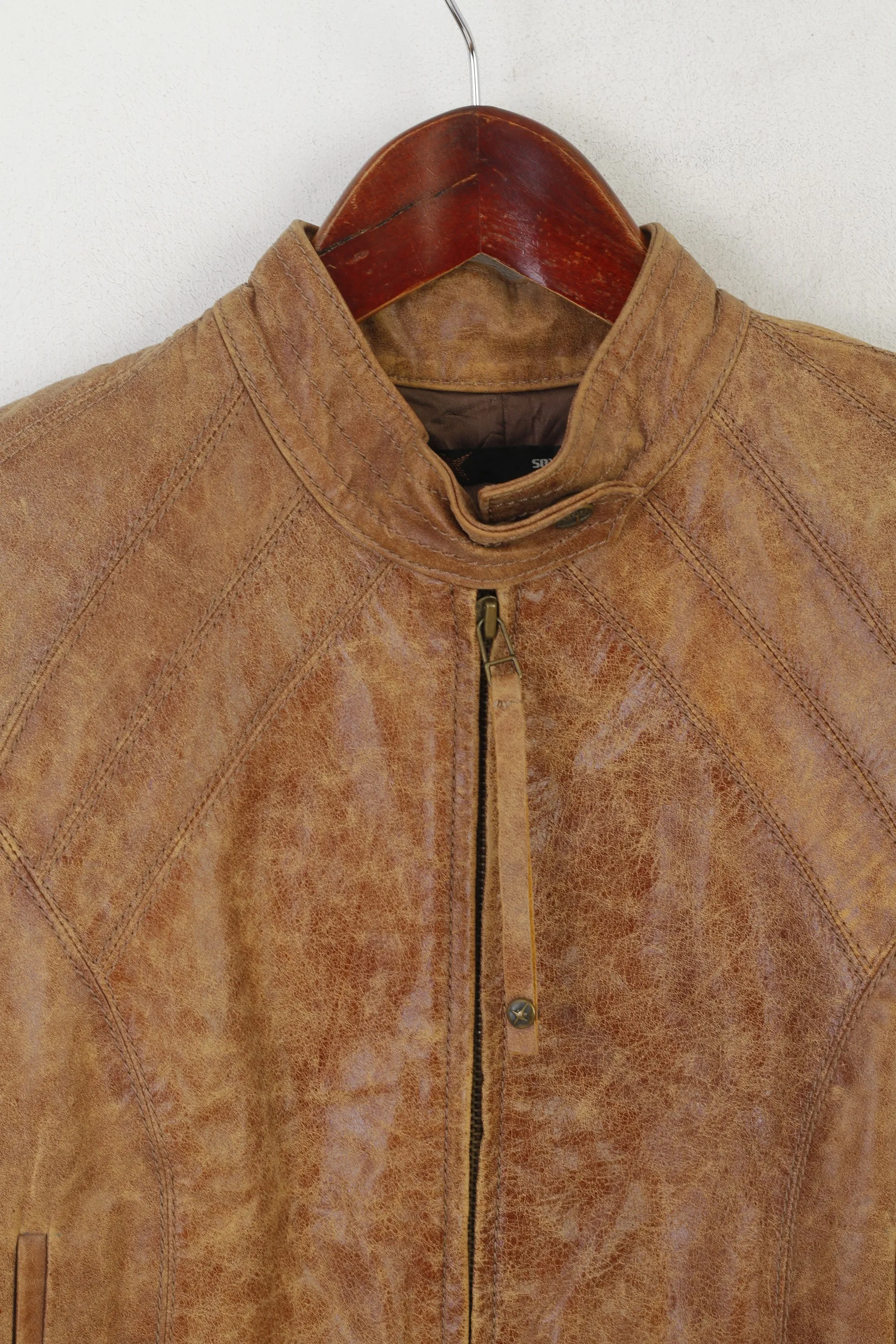 Soviet Women 10 S Jacket Camel Leather Biker Stand-Up Collar Zip Up Retro Top