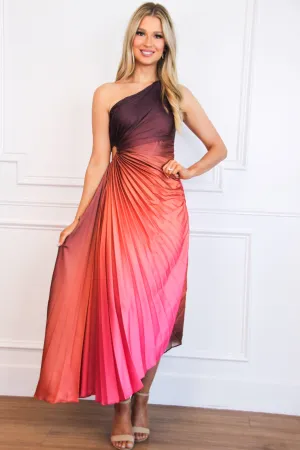 St Tropez Ombre Pleated One Shoulder Maxi Dress: Coral/Rust Multi