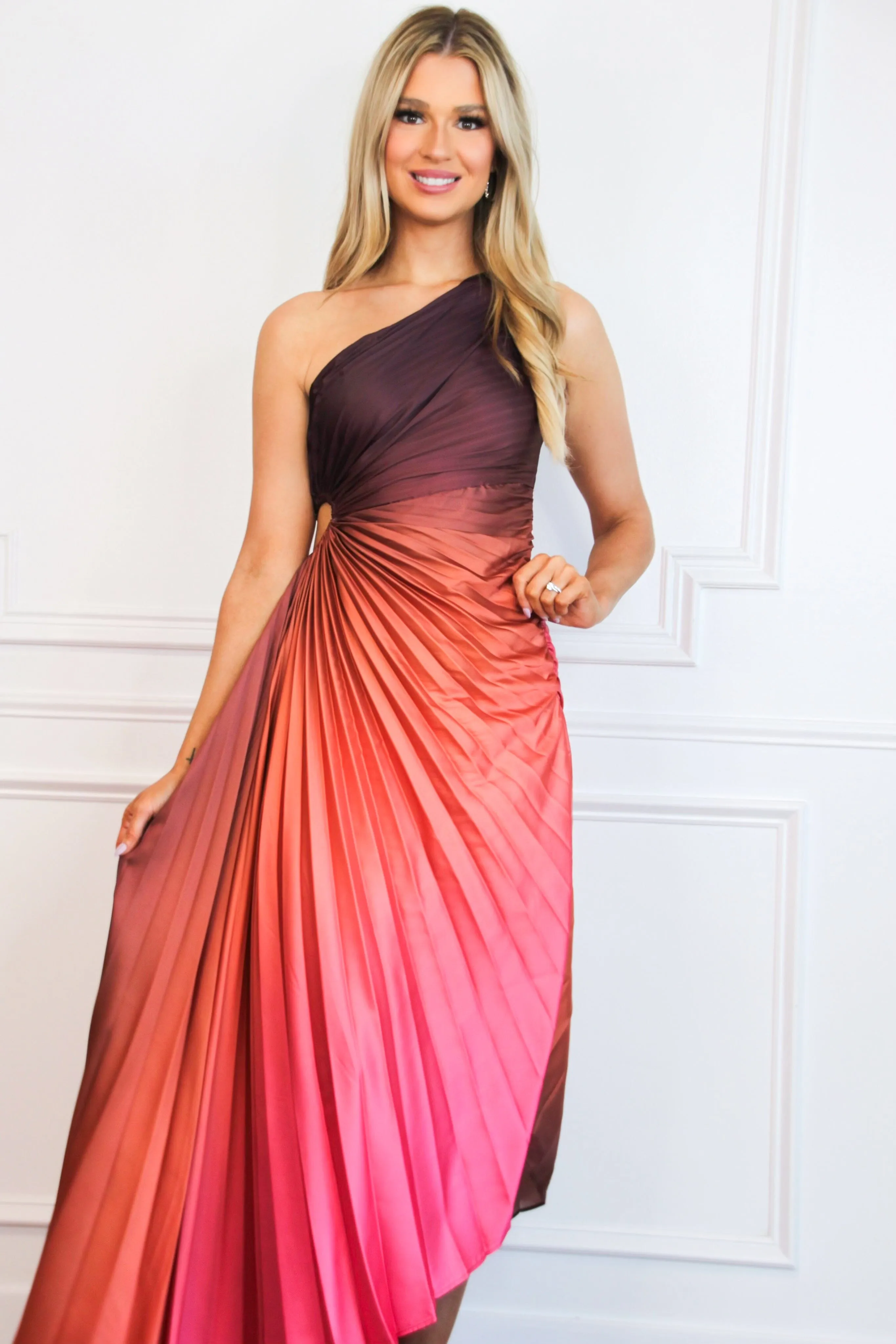 St Tropez Ombre Pleated One Shoulder Maxi Dress: Coral/Rust Multi