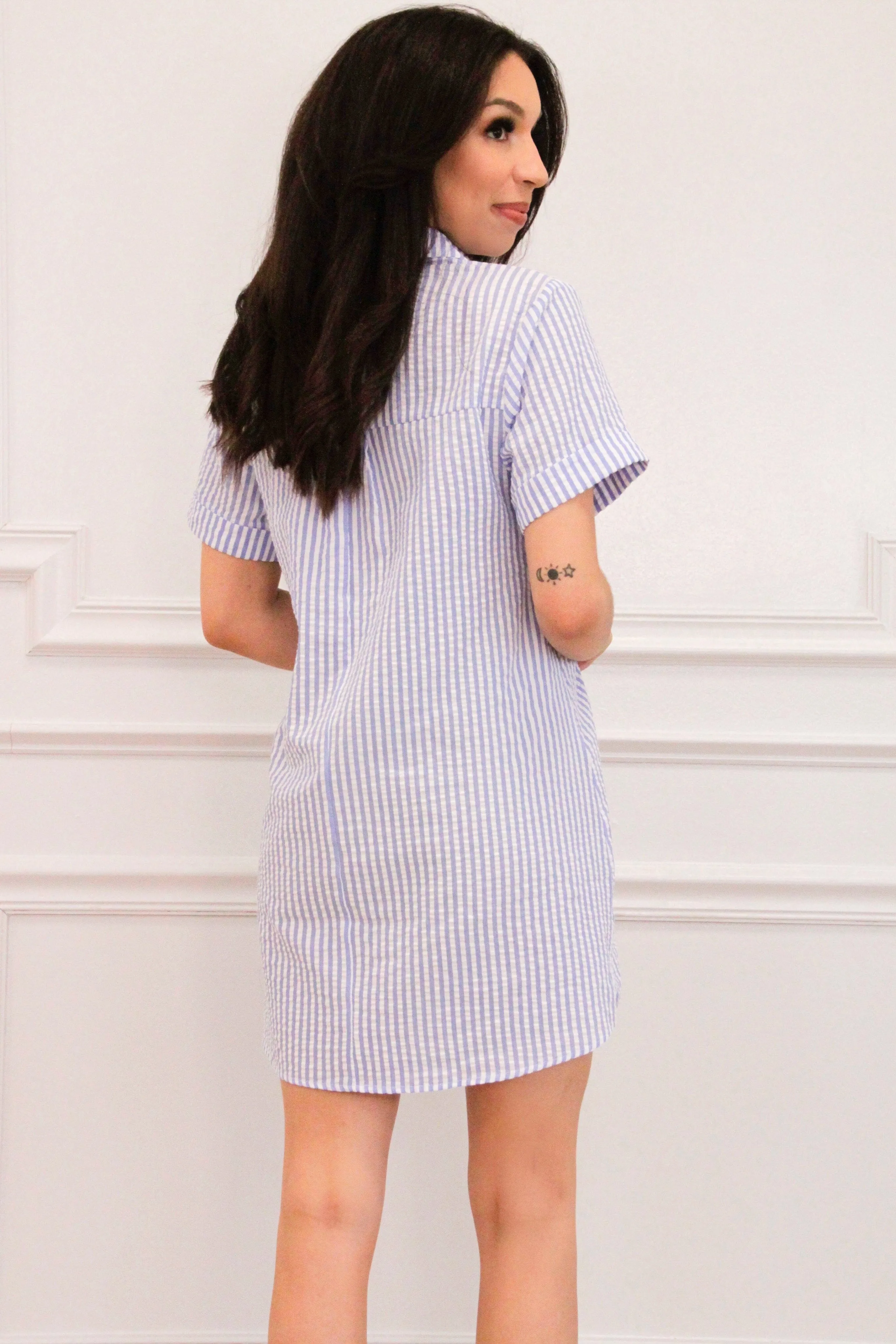 Summer Love Striped Seersucker Shirt Dress: Blue/White