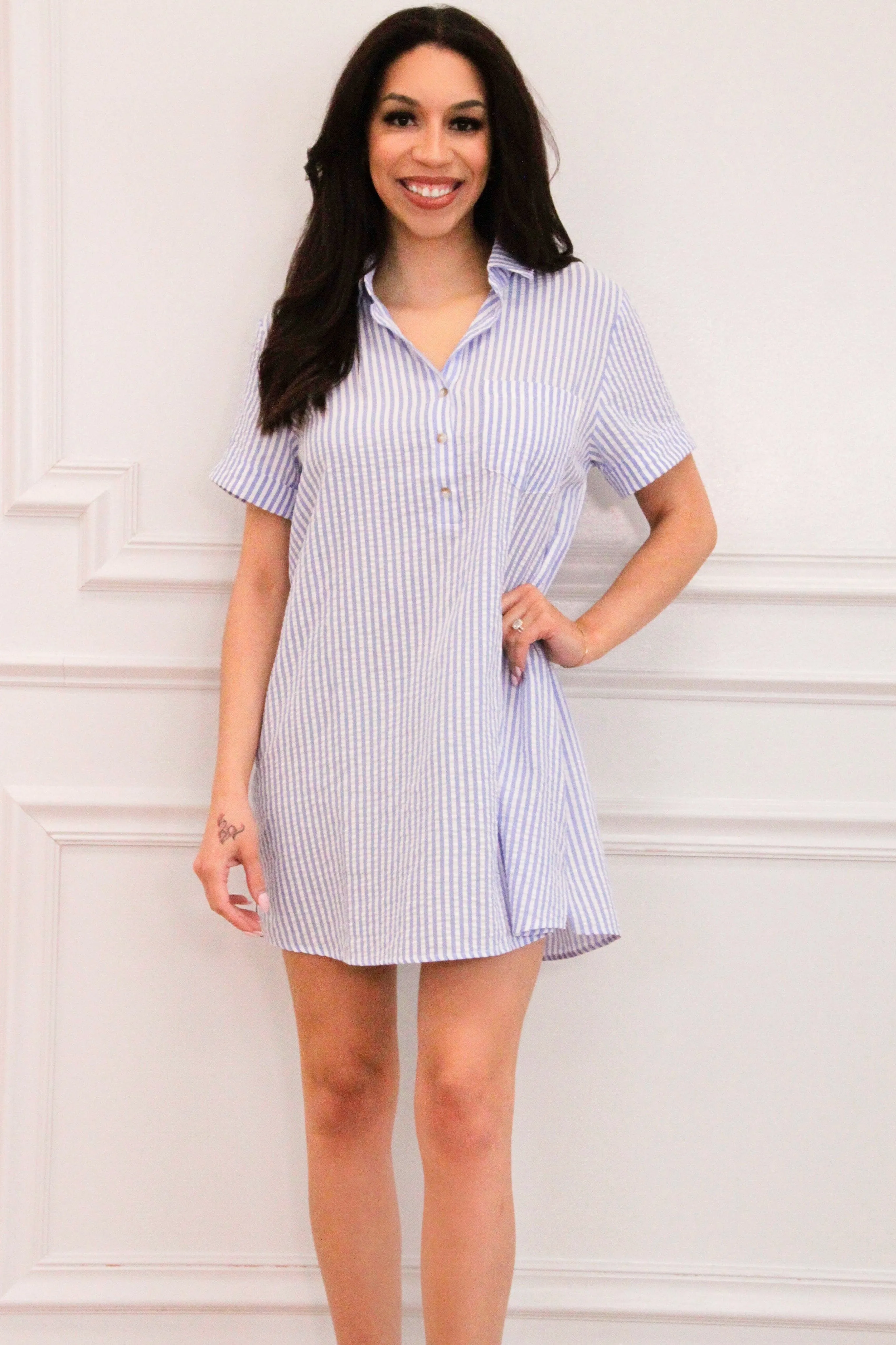 Summer Love Striped Seersucker Shirt Dress: Blue/White