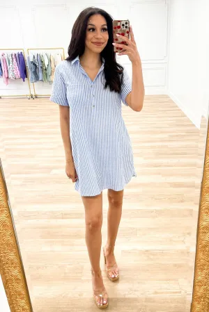 Summer Love Striped Seersucker Shirt Dress: Blue/White