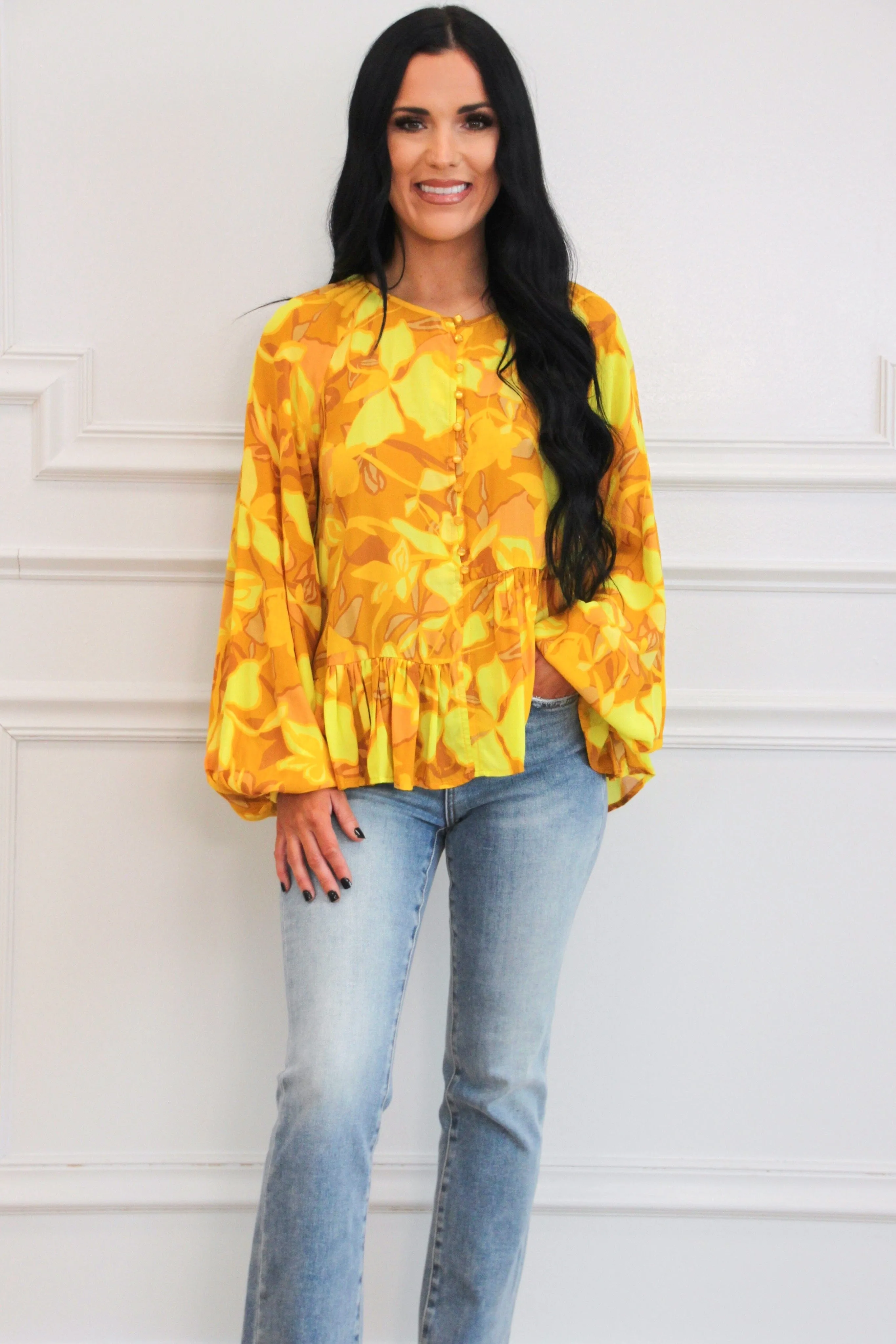 Sunlit Blooms Ruffle Button Top: Golden Yellow