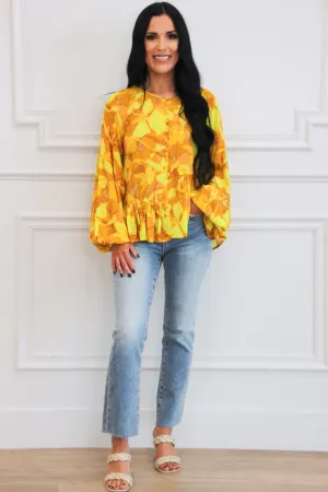 Sunlit Blooms Ruffle Button Top: Golden Yellow