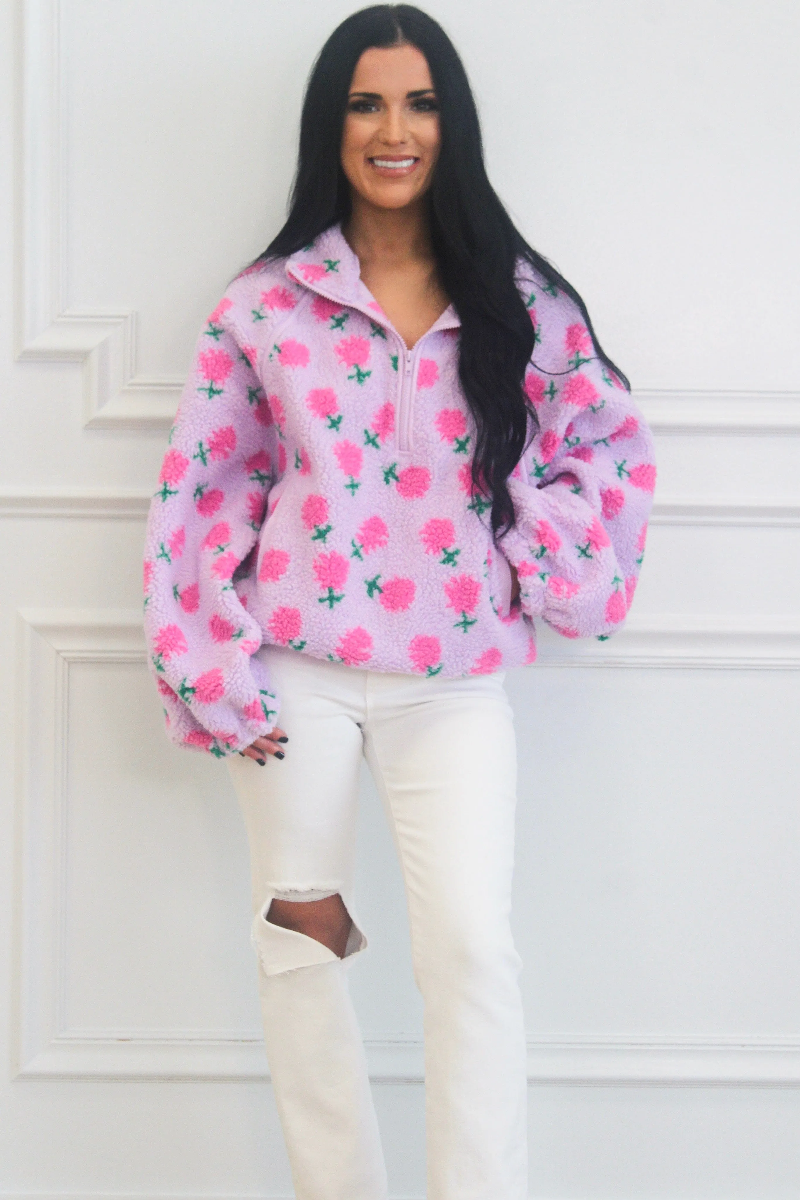 Sweetest Girl Sherpa Floral Quarter Zip Pullover: Lavender