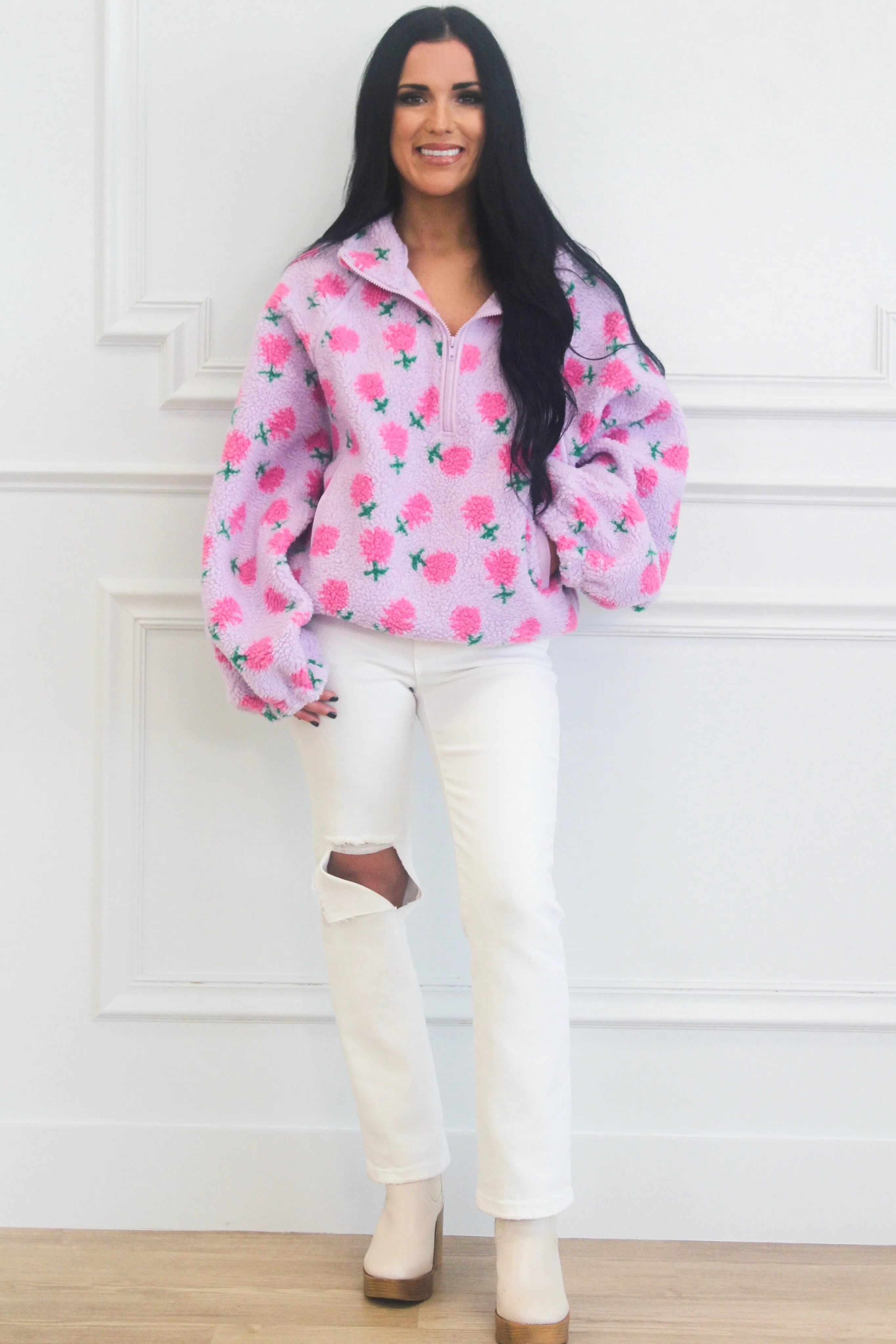 Sweetest Girl Sherpa Floral Quarter Zip Pullover: Lavender