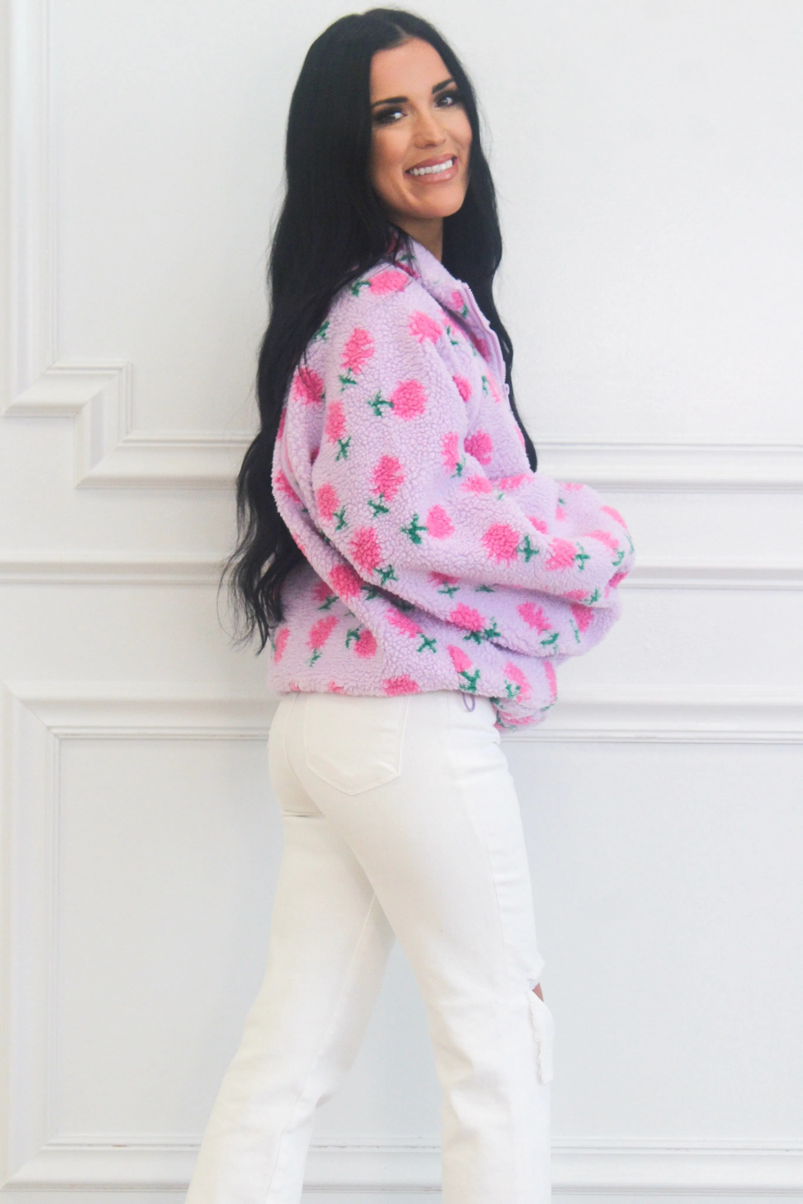 Sweetest Girl Sherpa Floral Quarter Zip Pullover: Lavender