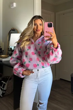 Sweetest Girl Sherpa Floral Quarter Zip Pullover: Lavender