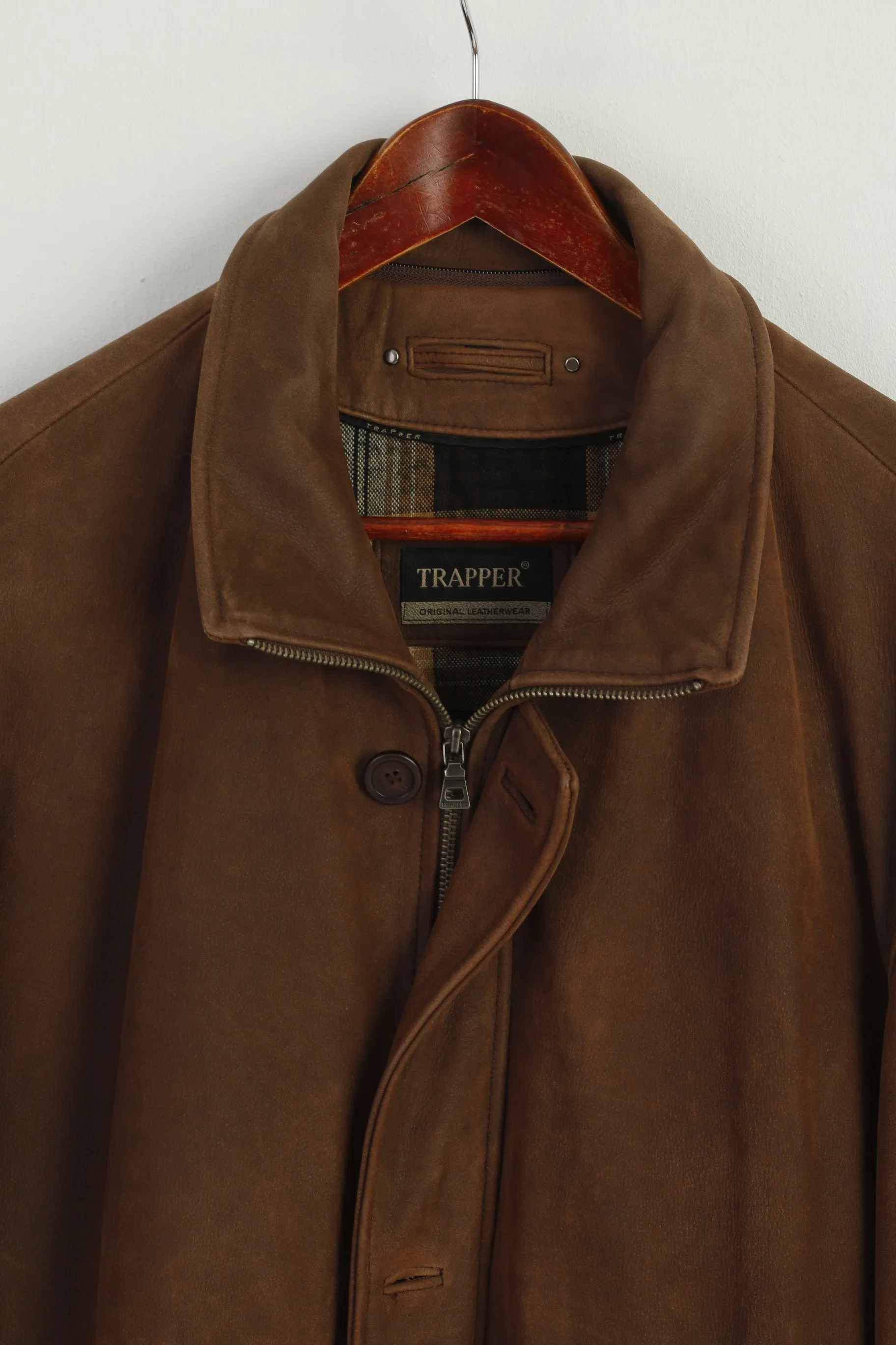 Trapper Men 52 L Leather Jacket Brown Bilbao Full Zipper Classic Orgiginal Top