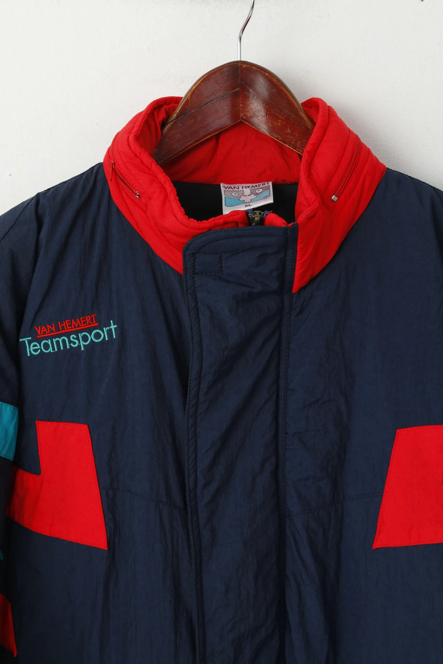 Van Hemert Men XL Jacket Navy Team Sport Padded Full Zipper Hidden Hood Top