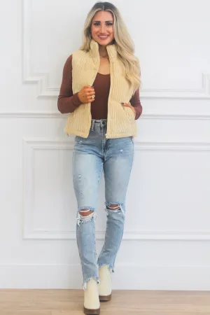 Vayda Corduroy Puffer Vest: Taupe Cream