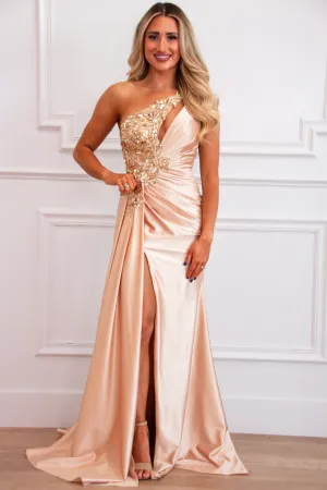 Veda One Shoulder Embellished Satin Slit Formal Dress: Champagne Gold