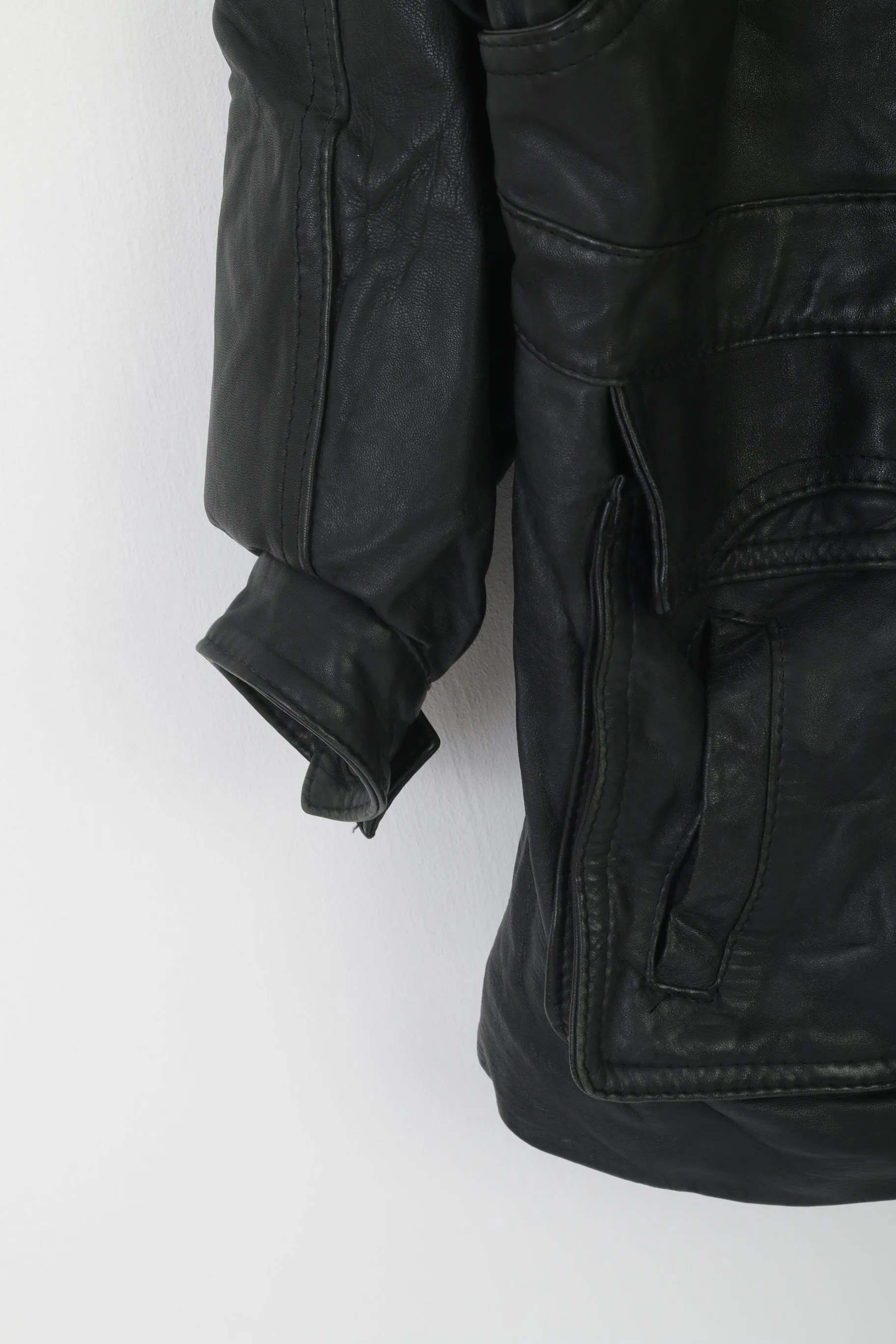 Vintage Men L Jacket Black Biker Bat Full Zipper Multi Pockets Drawstring Retro Top