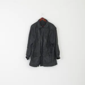 Vintage Men L Jacket Black Biker Bat Full Zipper Multi Pockets Drawstring Retro Top