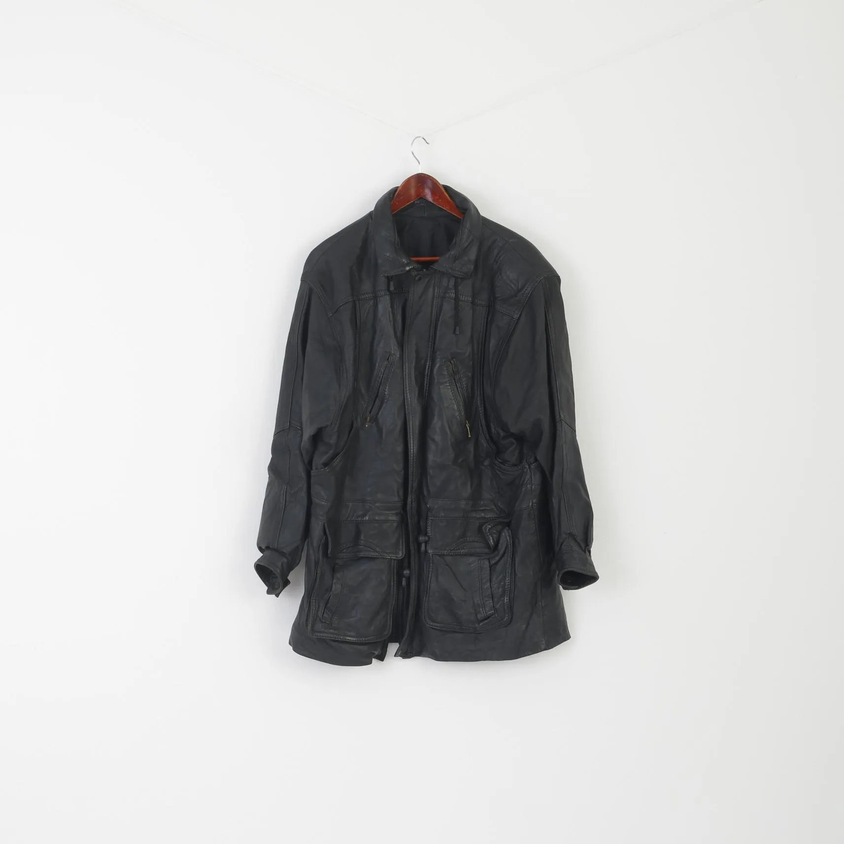 Vintage Men L Jacket Black Biker Bat Full Zipper Multi Pockets Drawstring Retro Top