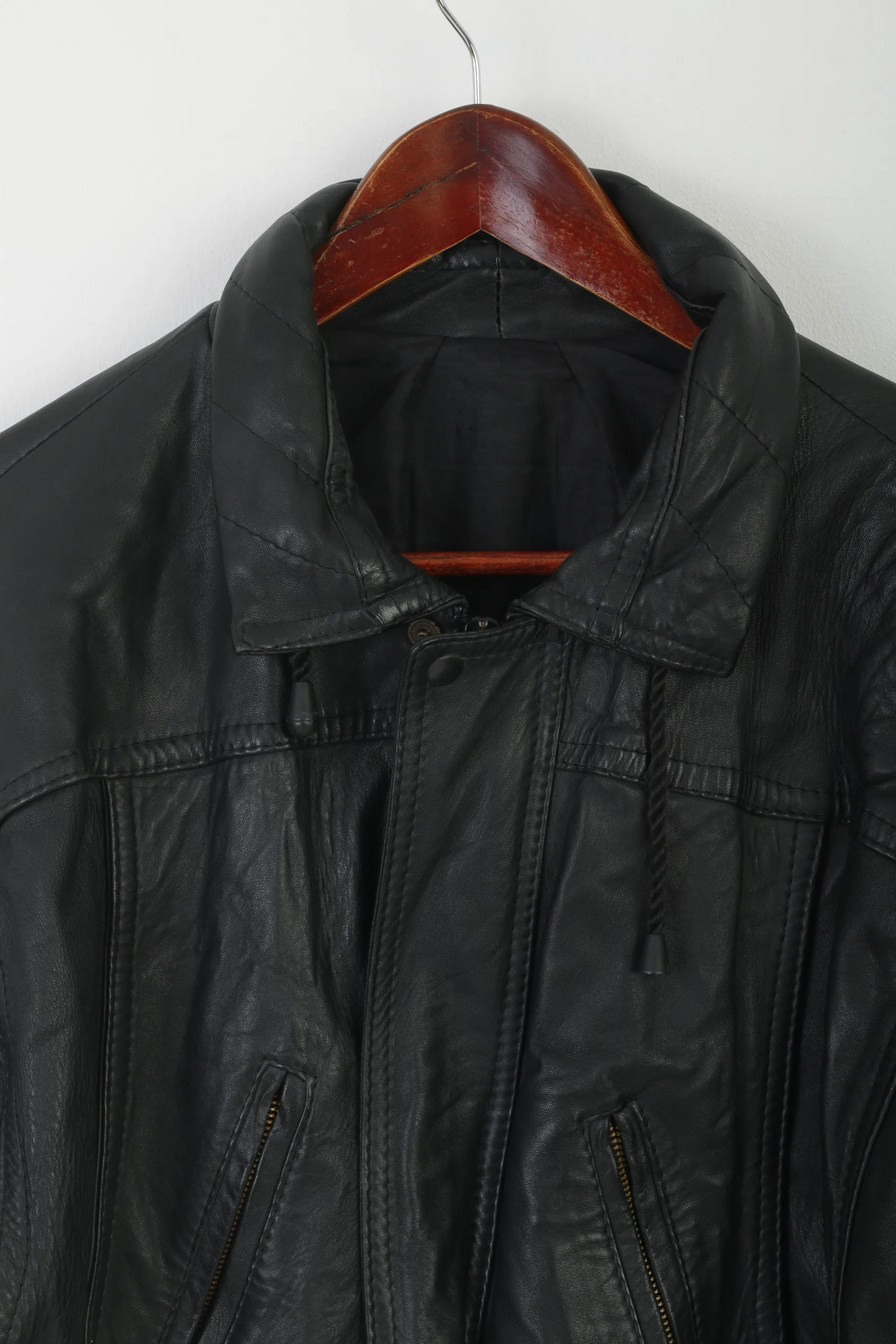 Vintage Men L Jacket Black Biker Bat Full Zipper Multi Pockets Drawstring Retro Top