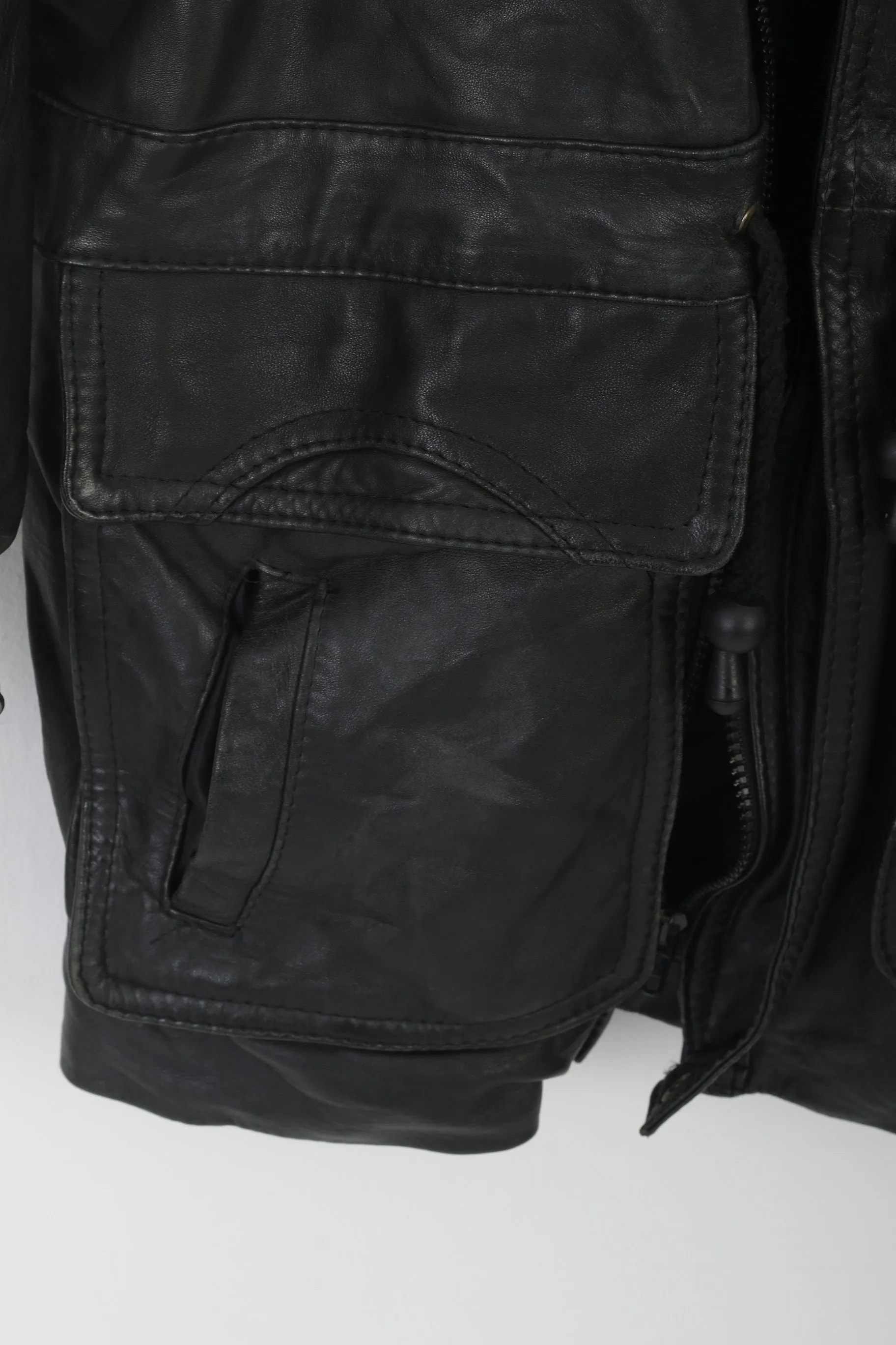 Vintage Men L Jacket Black Biker Bat Full Zipper Multi Pockets Drawstring Retro Top