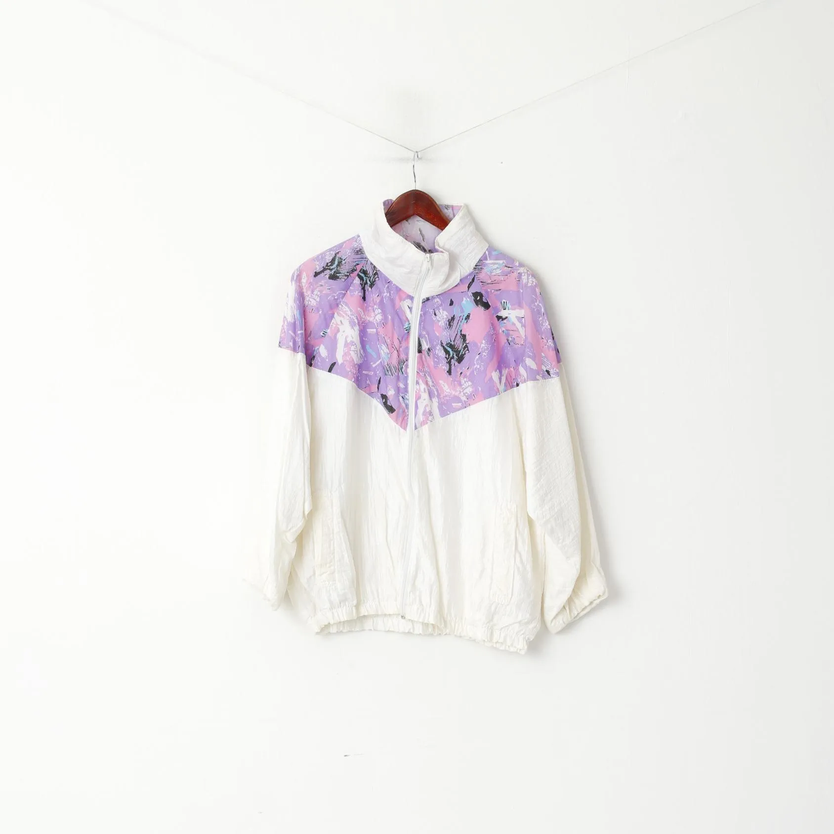 Vintage Women L Jacket Vintage 80s Shiny Cream Pink Pattern Full Zipper Bomber Top