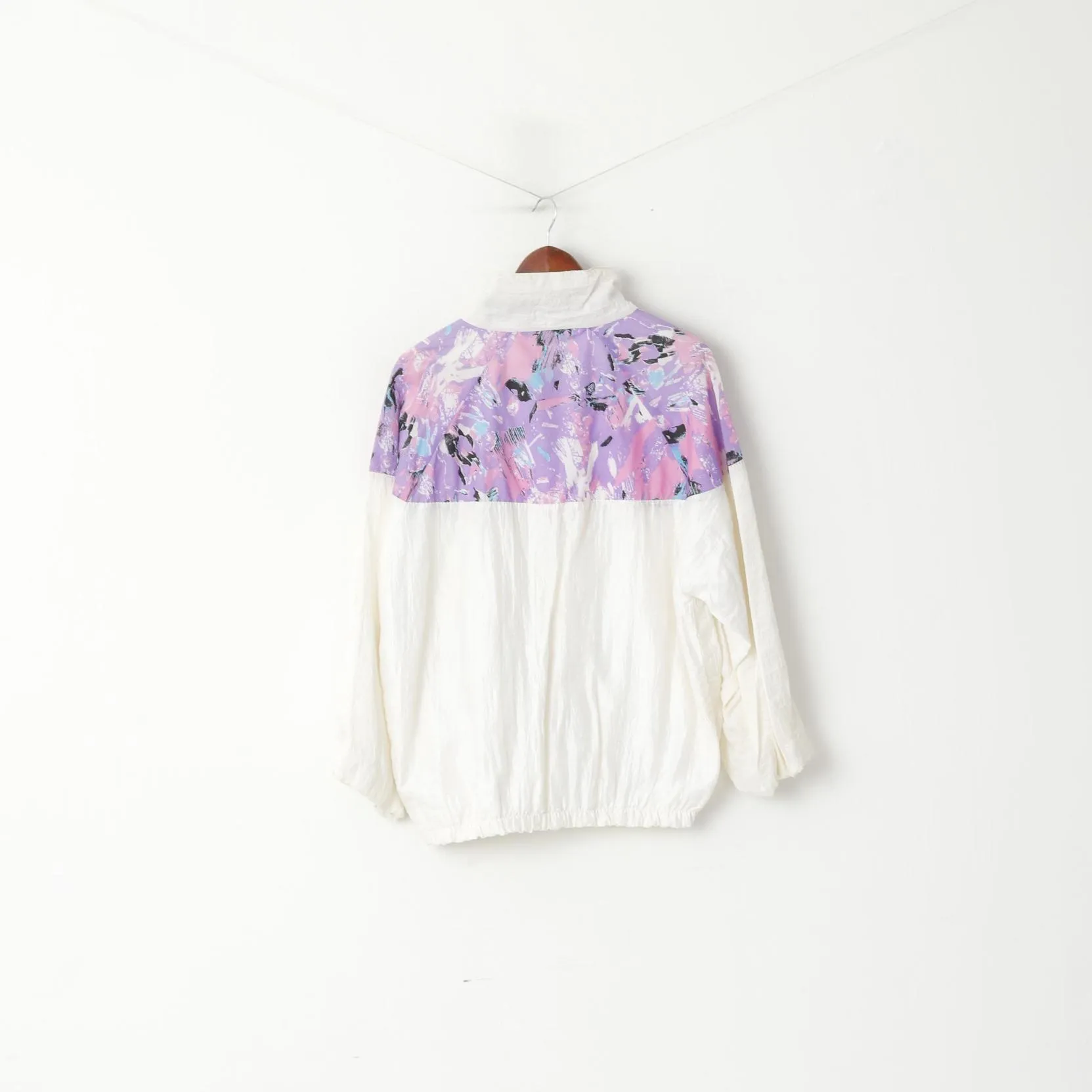 Vintage Women L Jacket Vintage 80s Shiny Cream Pink Pattern Full Zipper Bomber Top