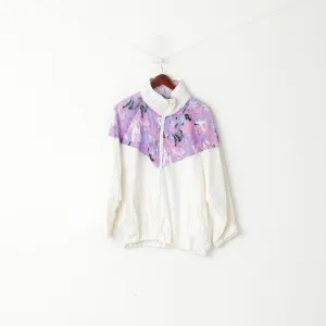 Vintage Women L Jacket Vintage 80s Shiny Cream Pink Pattern Full Zipper Bomber Top