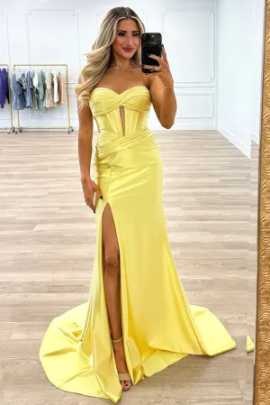 Waverly Bustier Strapless Satin Slit Formal Dress: Light Yellow