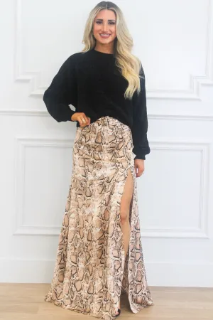 Wild One High Waisted Satin Python Maxi Skirt: Taupe