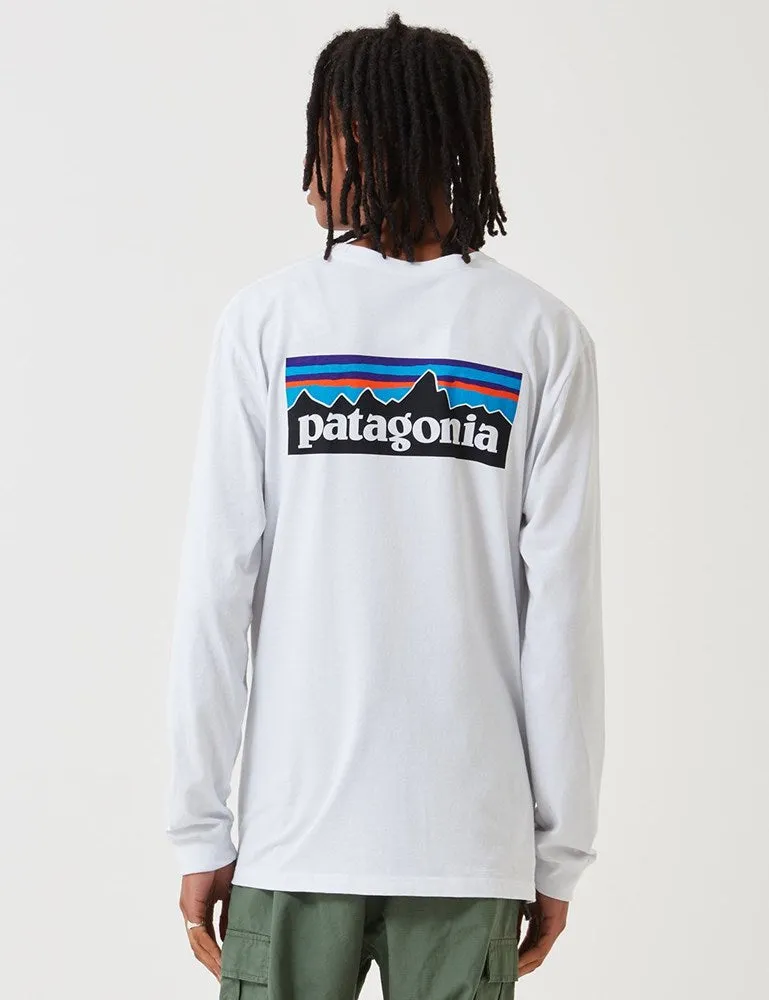 Worth Every Penny Patagonia P-6 Logo Responsibili-Tee Long Sleeved T-Shirt - White  Going Fast!